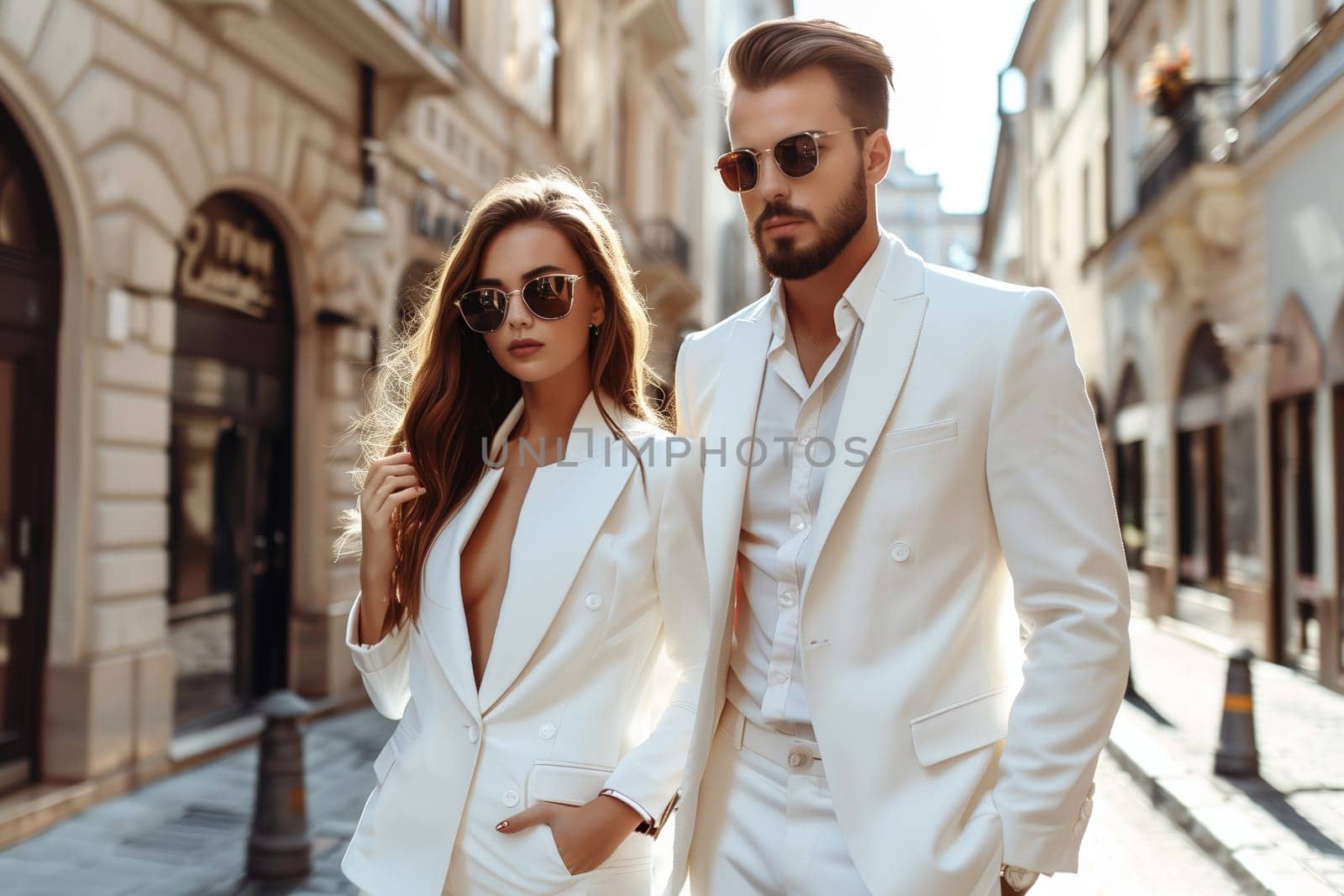 Fashionable portrait of stylish beautiful woman and man in suit in the city, modern young couple posing together on city street