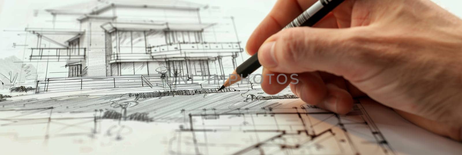 A person meticulously sketches a house with a pencil, pouring creativity and imagination into their dream home design. Generative AI by AnatoliiFoto