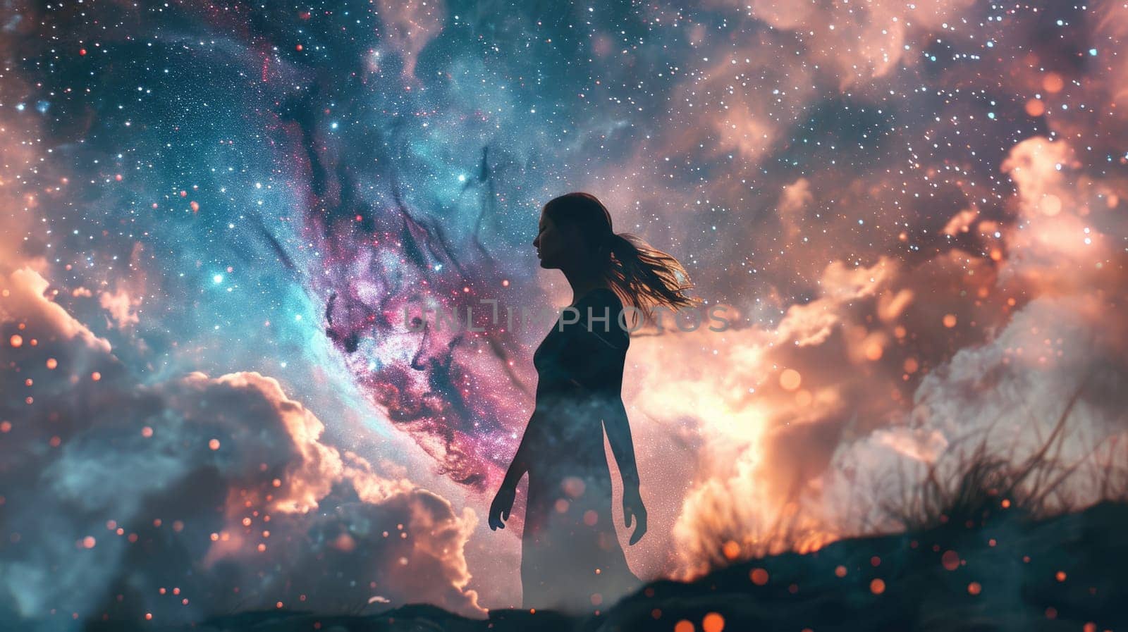 The double exposure picture of adult female human with galaxy or universe in great enormous space that starring into beautiful bright galaxy space that filled with uncountable amount of star. AIGX03.