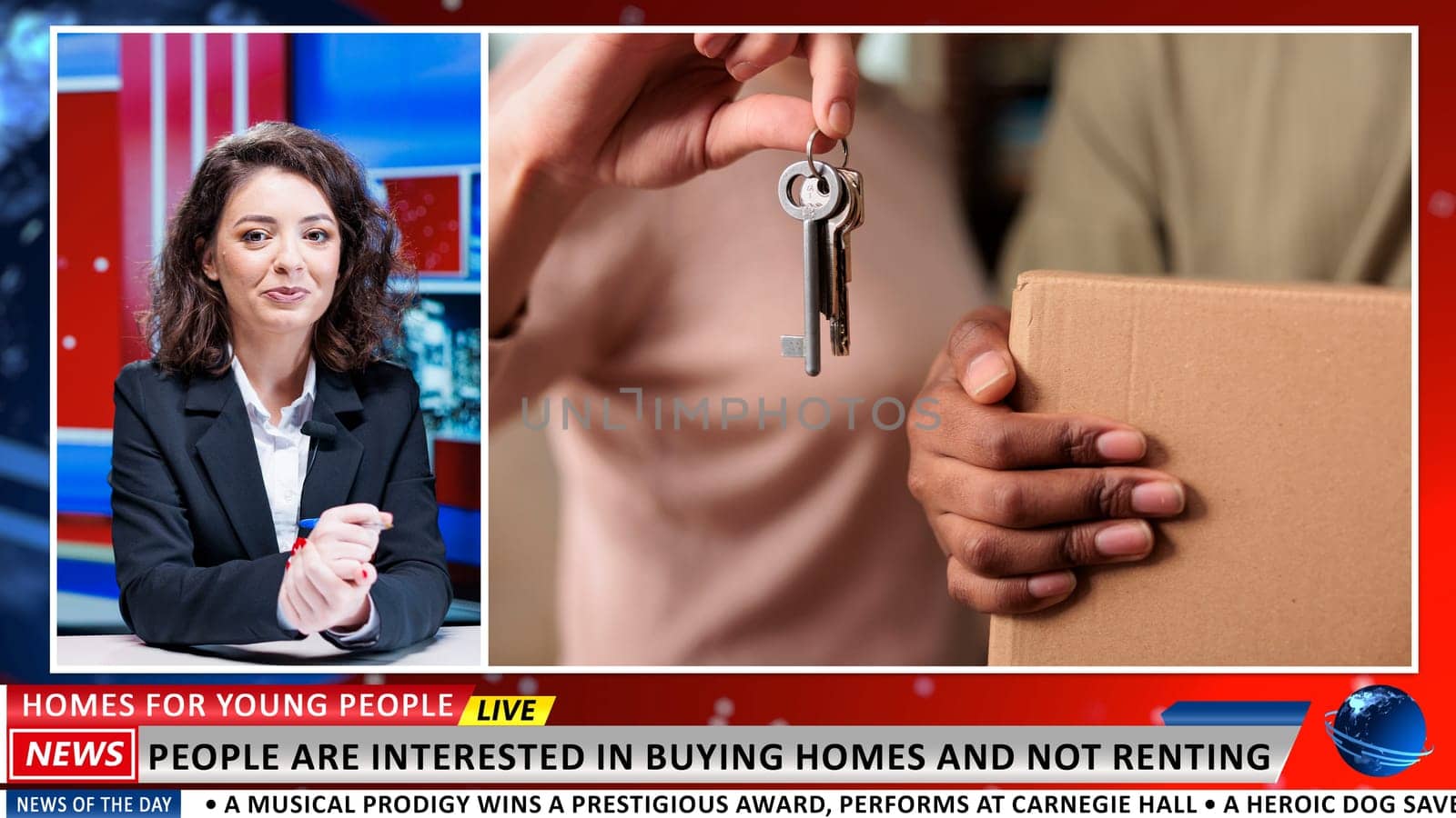 News anchor gives real estate news, addressing multiple cases where young people choose to buy houses instead of renting. Woman presenter discusses news about homeowners and property.