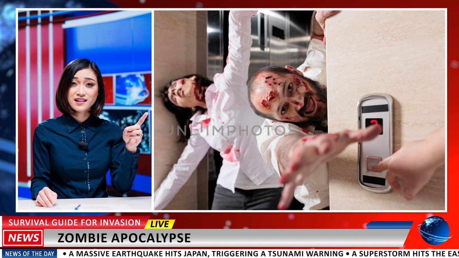 Newscast about zombie attack in town. Media journalist addressing scary dangerous virus spreading around the population, infecting people and frightening the world. Breaking news.