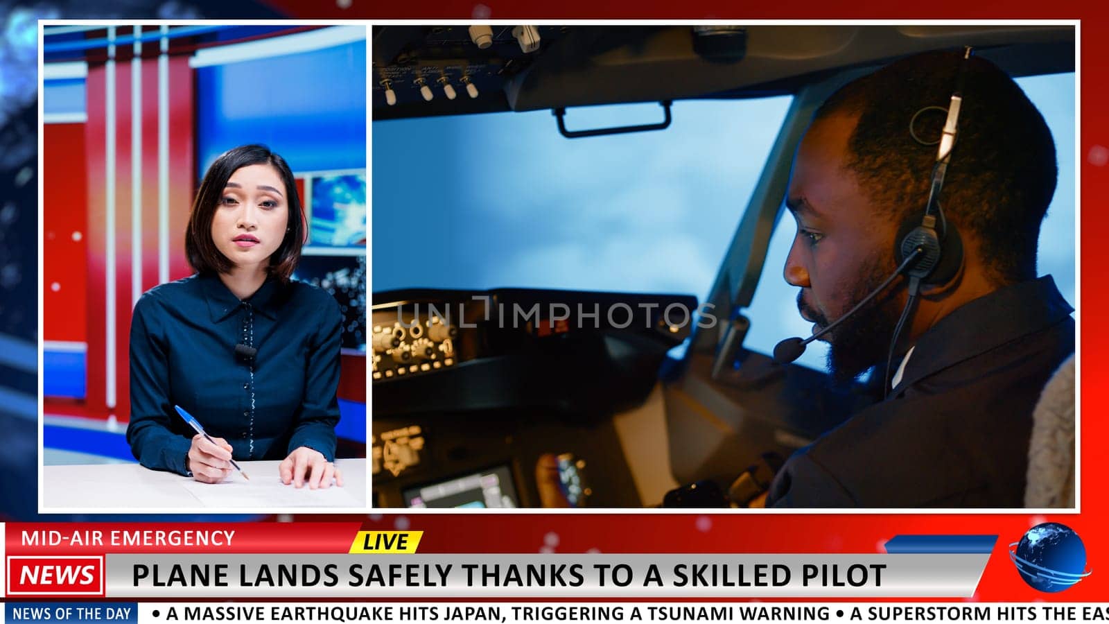 Media presenter talks about pilot hero saving tourists on commercial flight by landing aplane safely. Asian media journalist working on daily headlines transmission, tv advertisement.