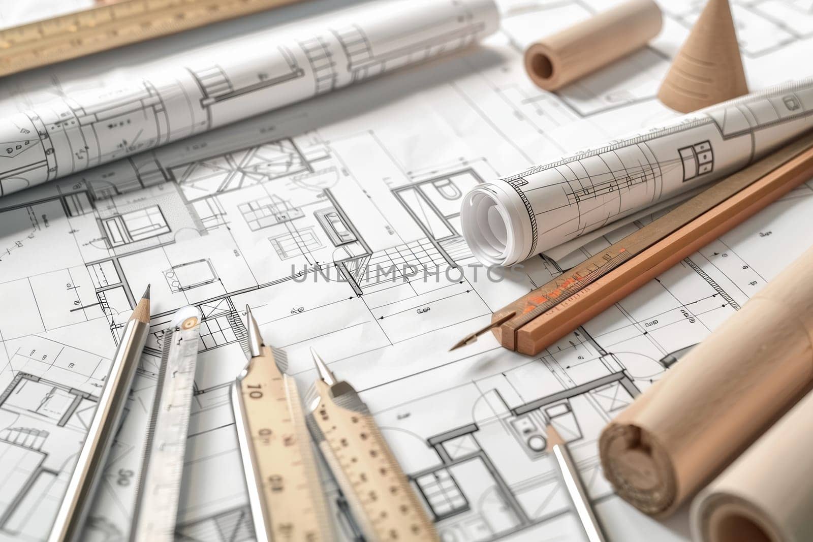 Pencils and rulers meticulously lay on top of a blueprint, ready to bring architectural designs to life with precision and accuracy.