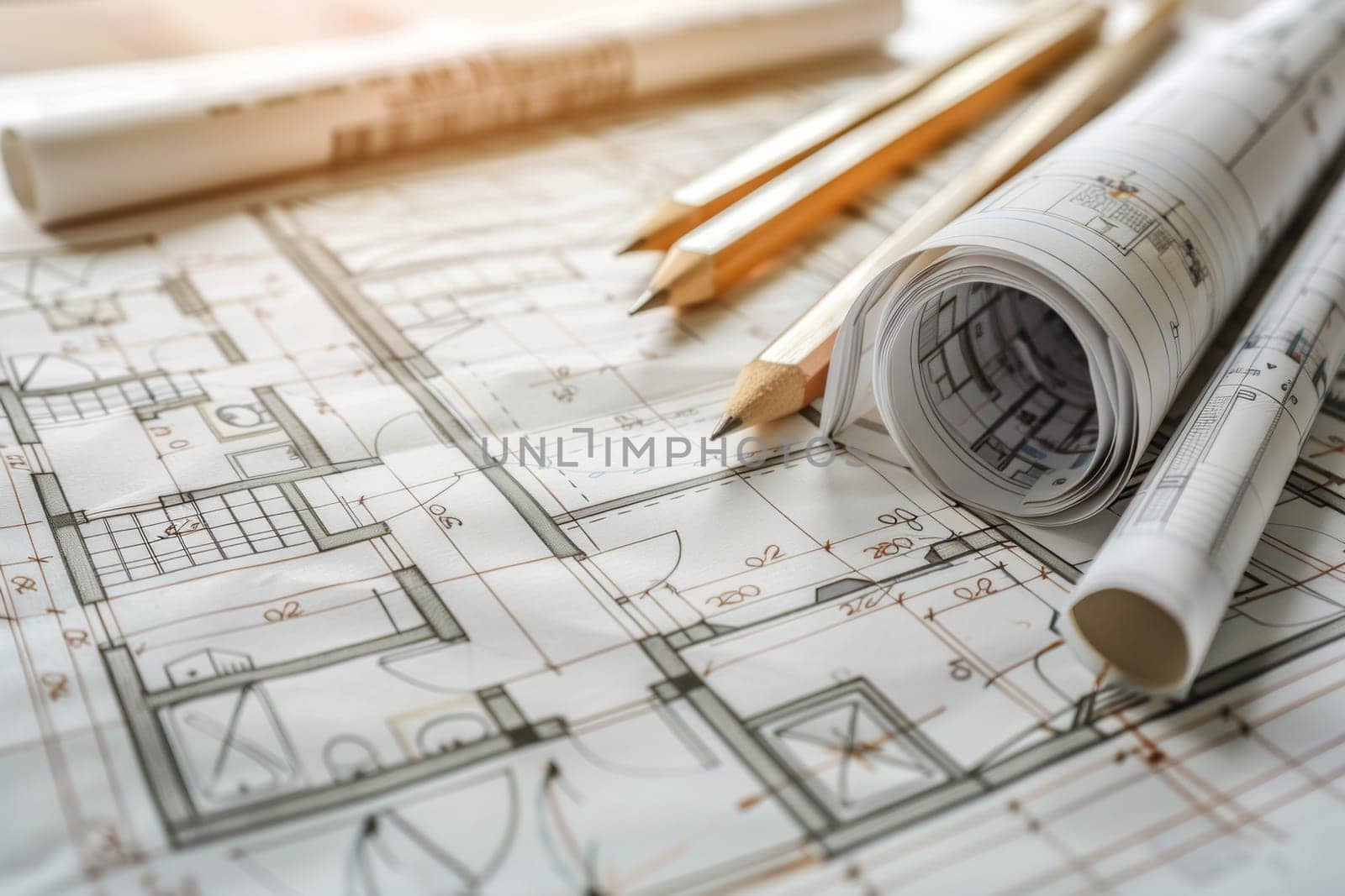 Architectural drawings and pencils are meticulously placed on top of a blueprint, revealing innovative design concepts and meticulous planning.