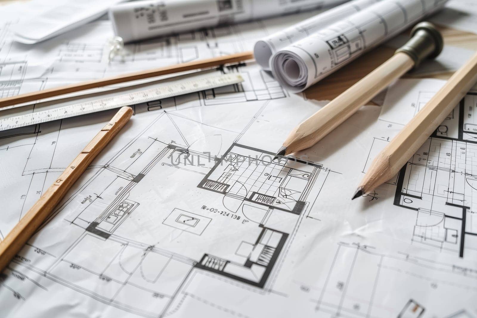 Architectural drawings and pencils are carefully placed on top of a blueprint, showcasing the creative process and design ideas for a renovation project.