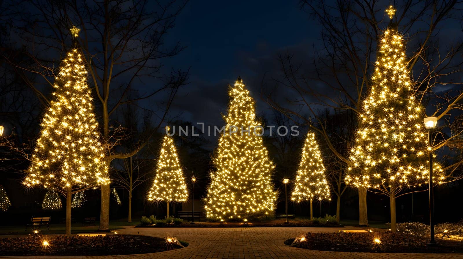 During the dark sky of the night, a row of Christmas trees with glowing Christmas decorations lights up the building, creating a festive atmosphere