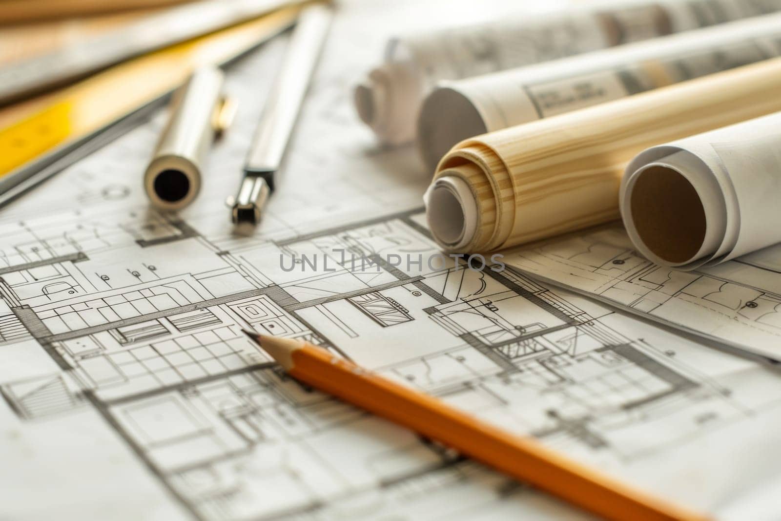 Architectural drawings and pencils are scattered on top of a blueprint, showcasing an artistic and imaginative process of design and construction.