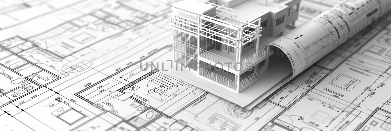 A miniature model of a building sits majestically on top of a detailed blueprint, illustrating the precise planning and design process of an architectural project. Generative AI by AnatoliiFoto