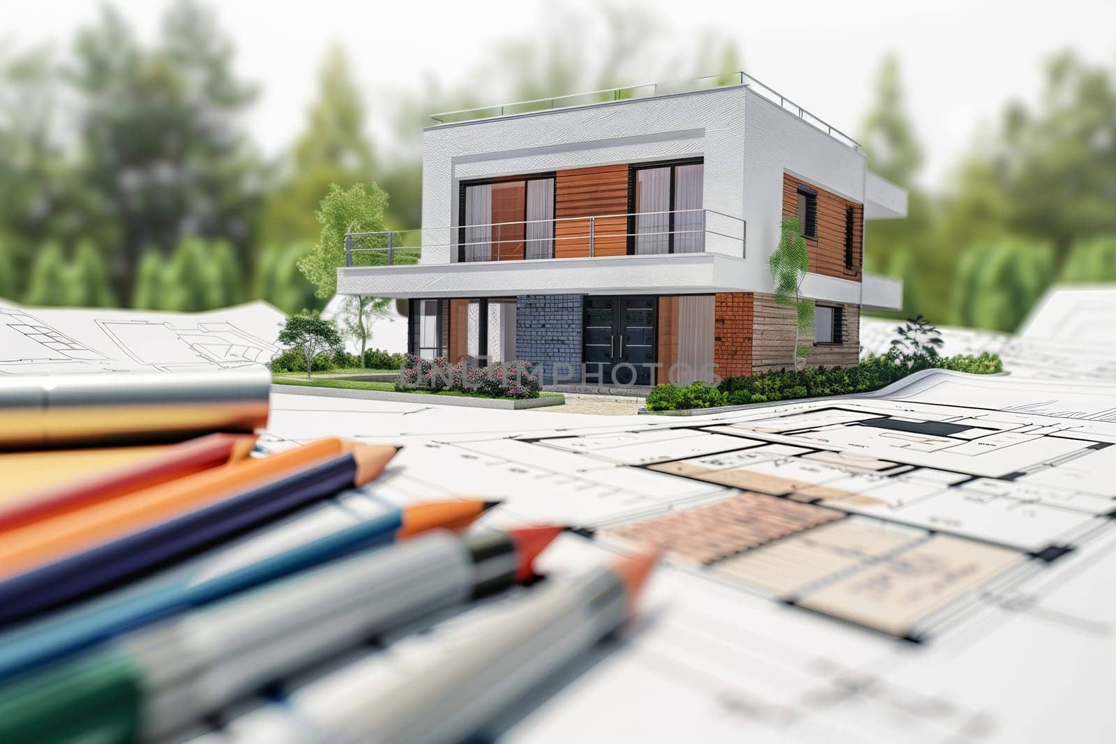 A creative drawing of a house resting on top of detailed blueprints, showcasing a vision for a new construction project. Generative AI by AnatoliiFoto