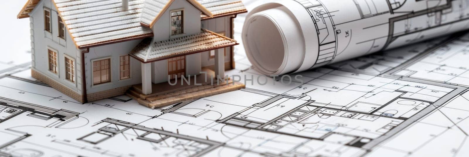 A model house sits proudly on top of a detailed blueprint, symbolizing the beginning of a new construction project filled with creative design and planning.