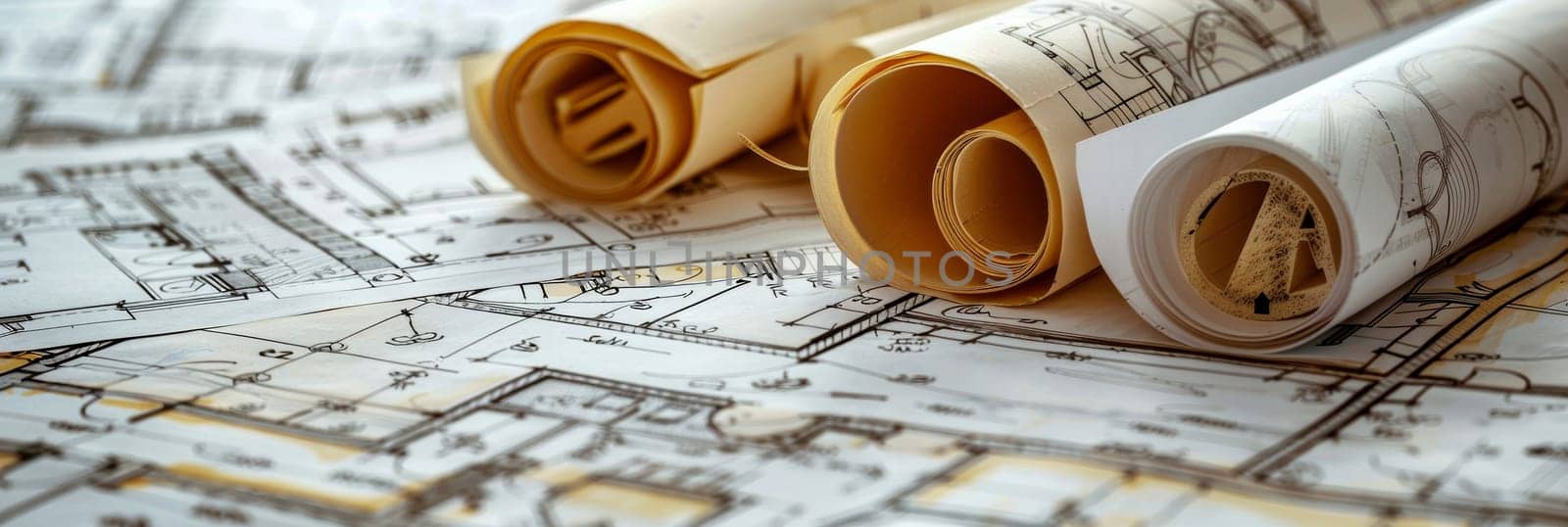 Rolled up architectural drawings rest atop a blueprint, revealing intricate design plans for a project renovation sketch.