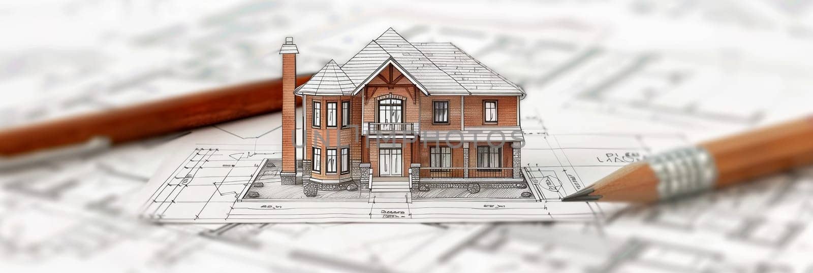 A pencil meticulously draws a detailed house on top of a blueprint, bringing the design to life with intricate lines and shapes. Generative AI by AnatoliiFoto