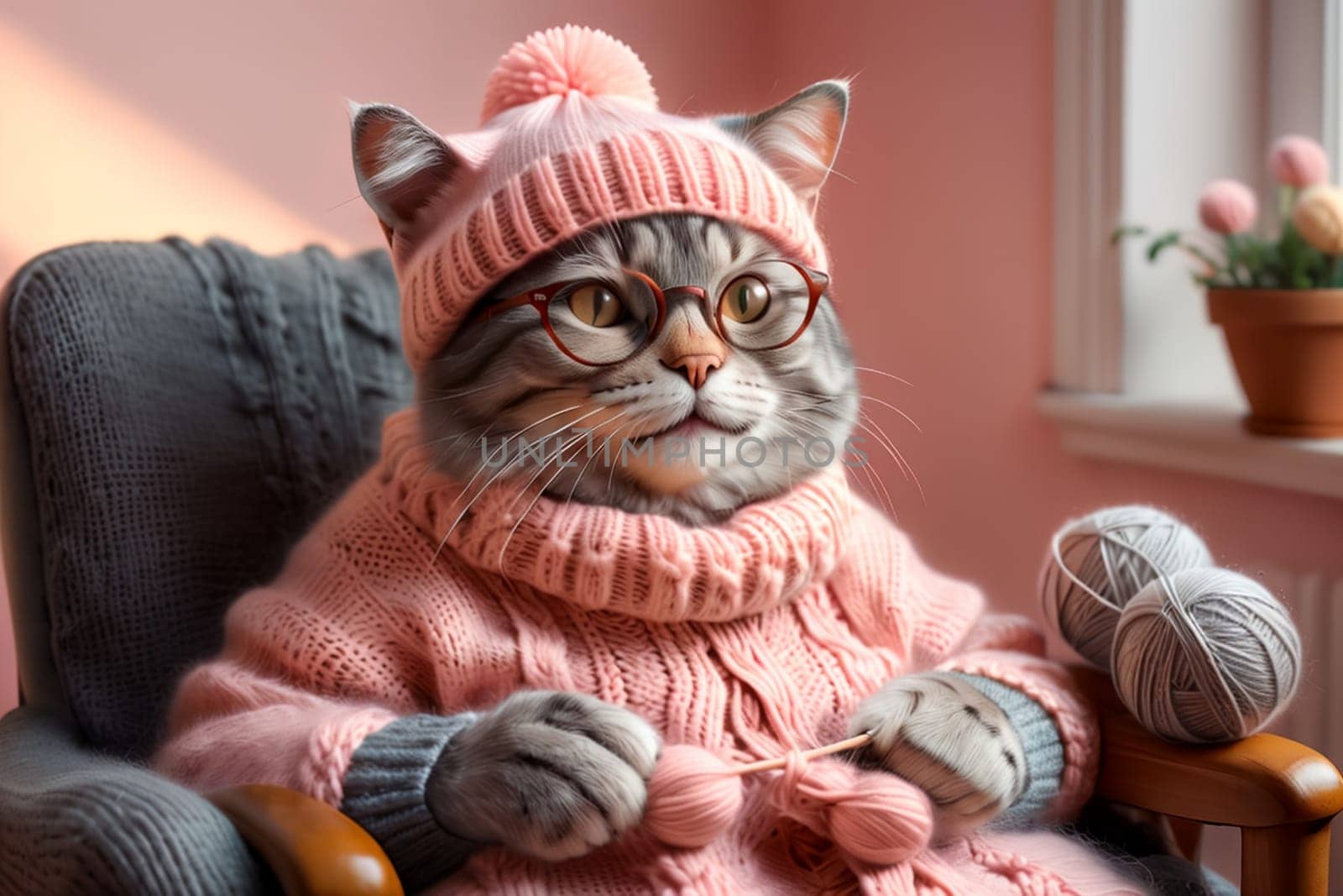 cat grandmother in a knitted sweater sits in a chair, knits warm things by Rawlik