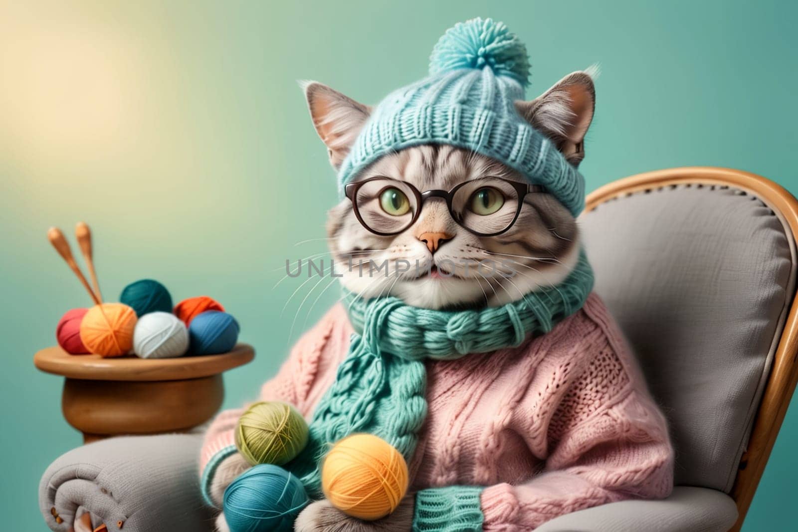 cat grandmother in a knitted sweater sits in a chair, knits warm things .