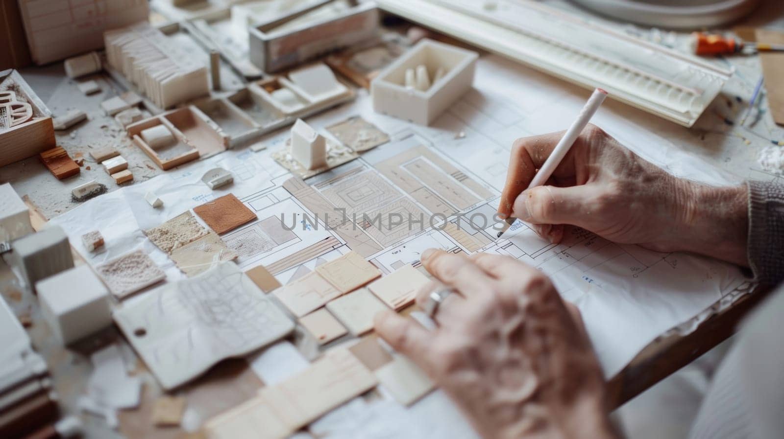 A person is meticulously arranging tiles on a table, creating a stunning mosaic masterpiece for a project renovation sketch with detailed plans and design ideas. Generative AI by AnatoliiFoto