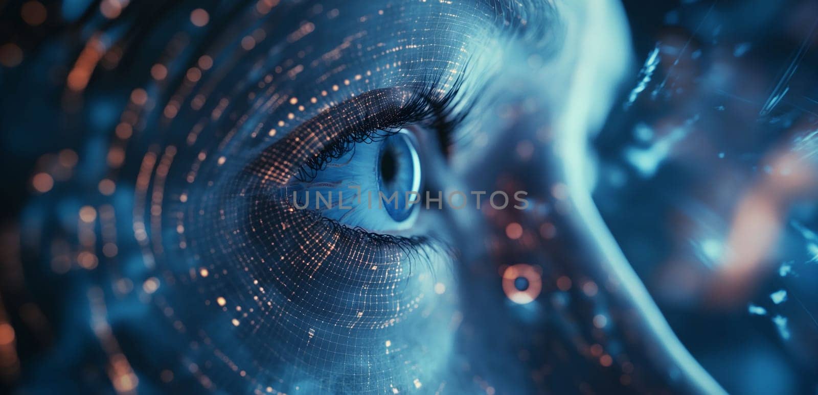 A striking close-up captures a vivid blue eye superimposed with a layer of glowing digital information, depicting a concept of futuristic technology - Generative AI