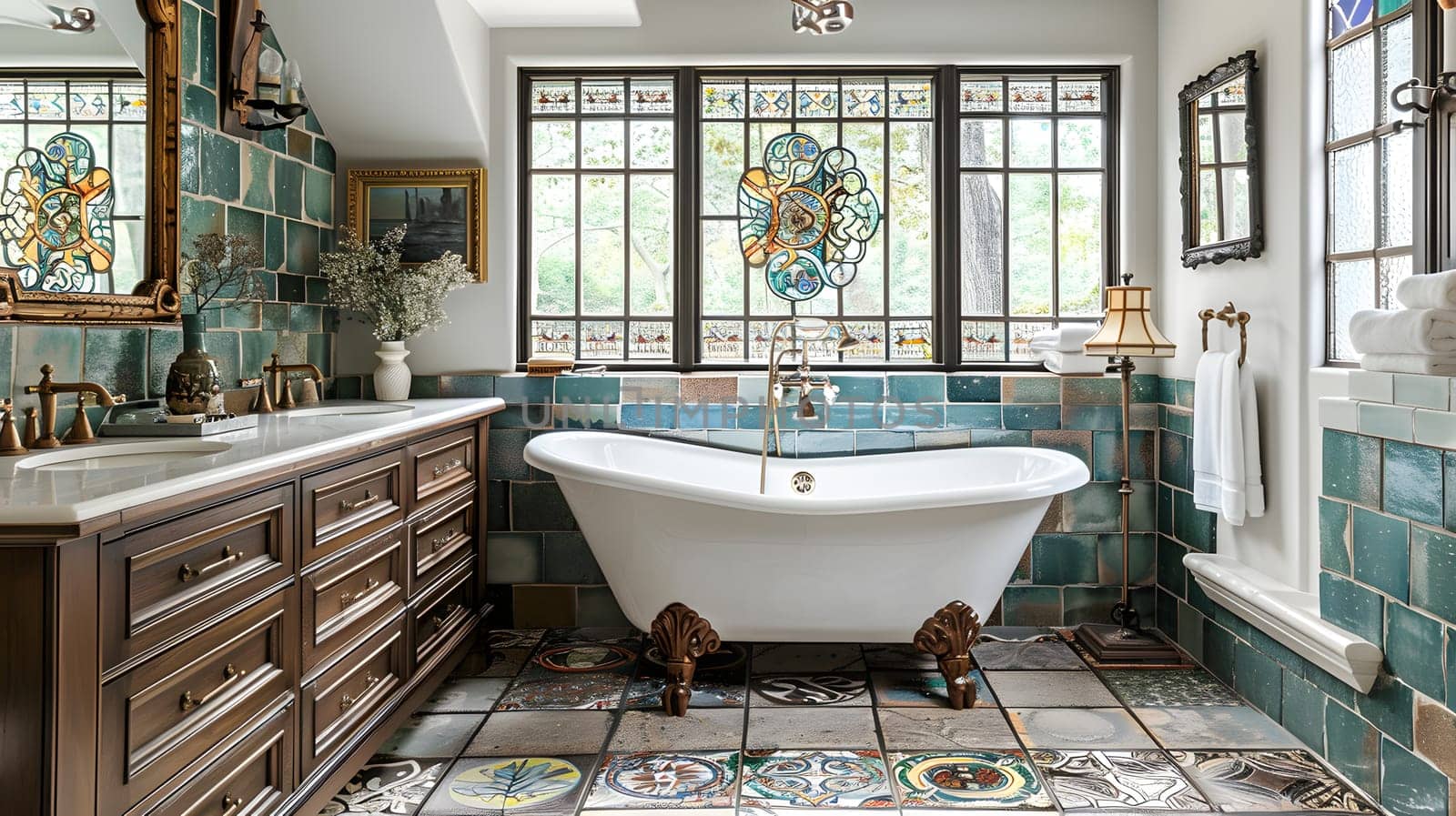A bathroom with a bathtub, sink, mirror, and stained glass windows. The interior design features composite materials in a rectangularshaped building