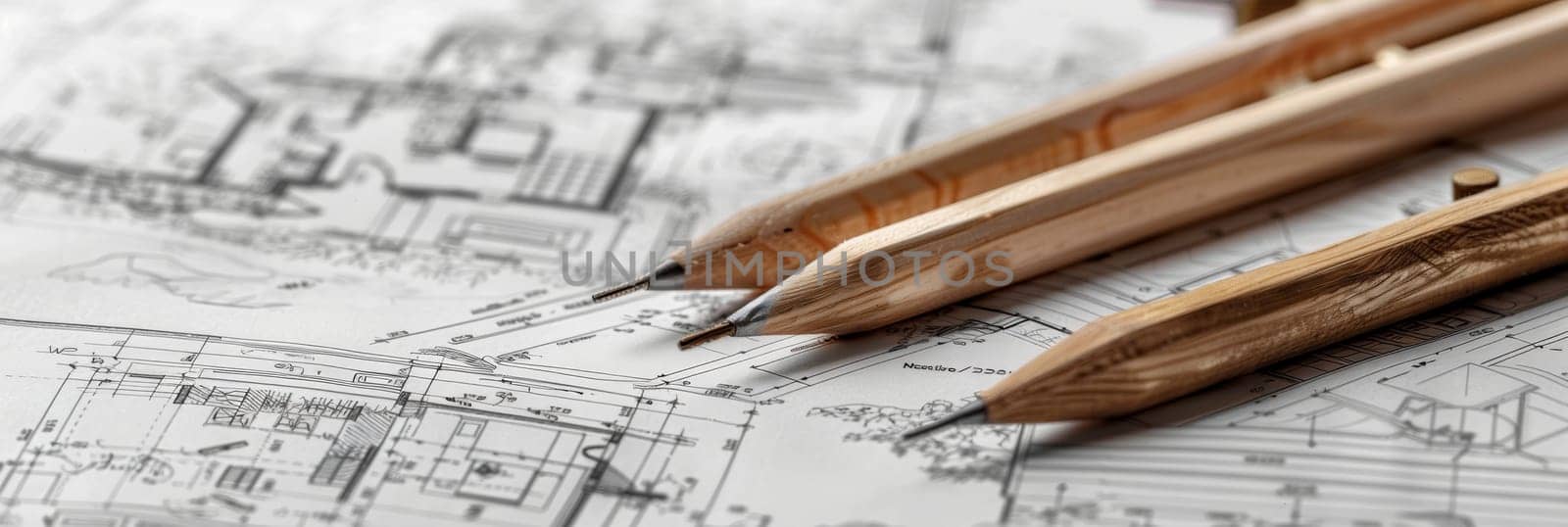 Two vibrant pencils and a sleek ruler rest atop a detailed blueprint showcasing project renovation sketch and design plans. Generative AI by AnatoliiFoto