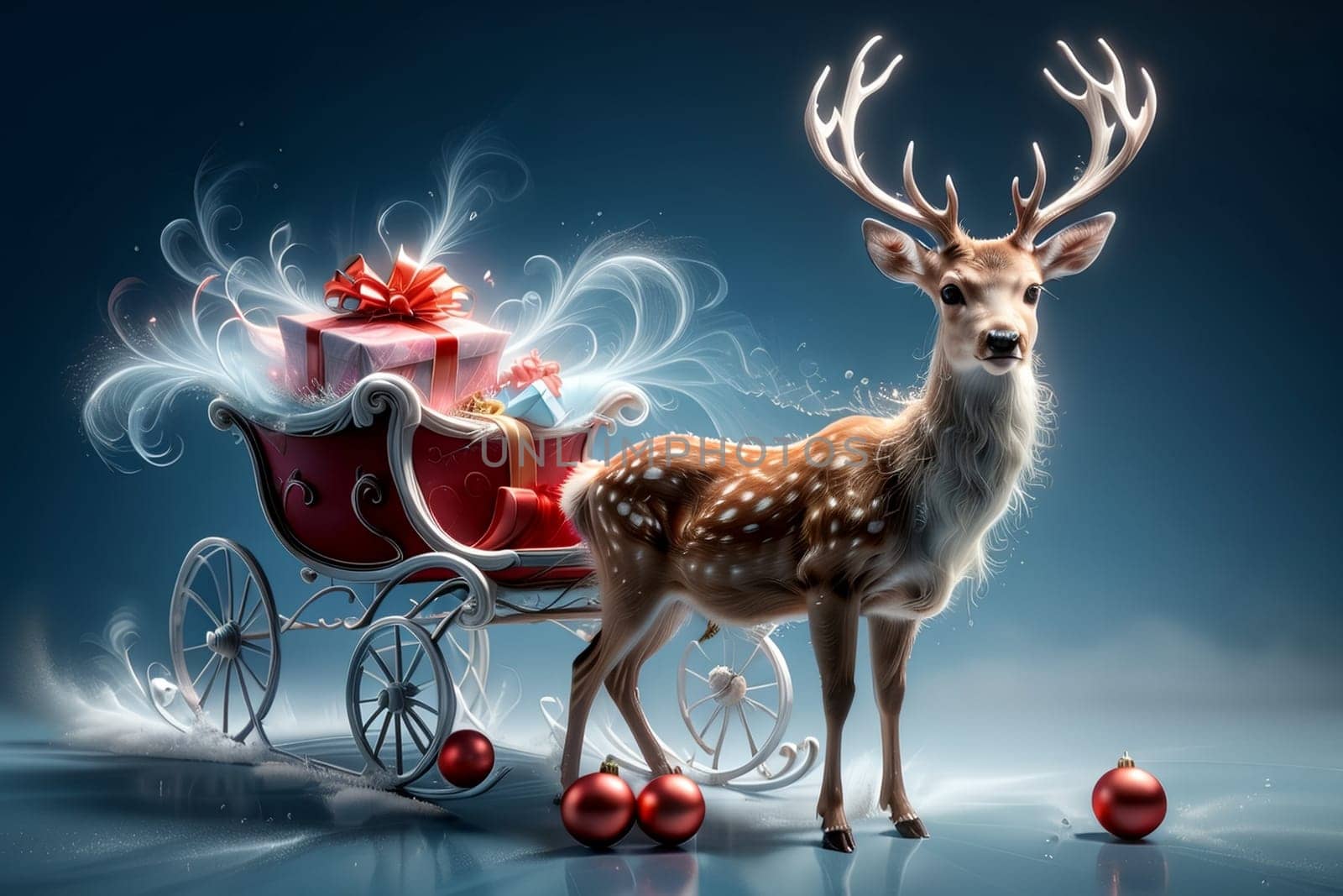 a fabulous New Year's deer carrying gifts in a sleigh .