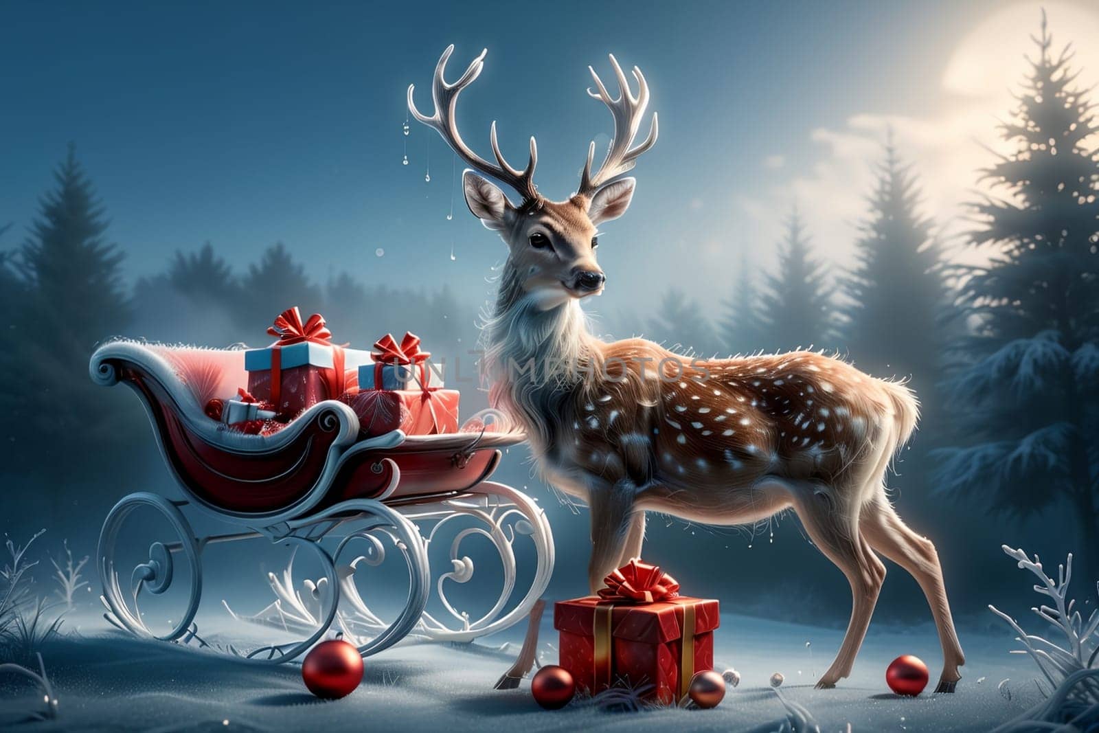 a fabulous New Year's deer carrying gifts in a sleigh by Rawlik