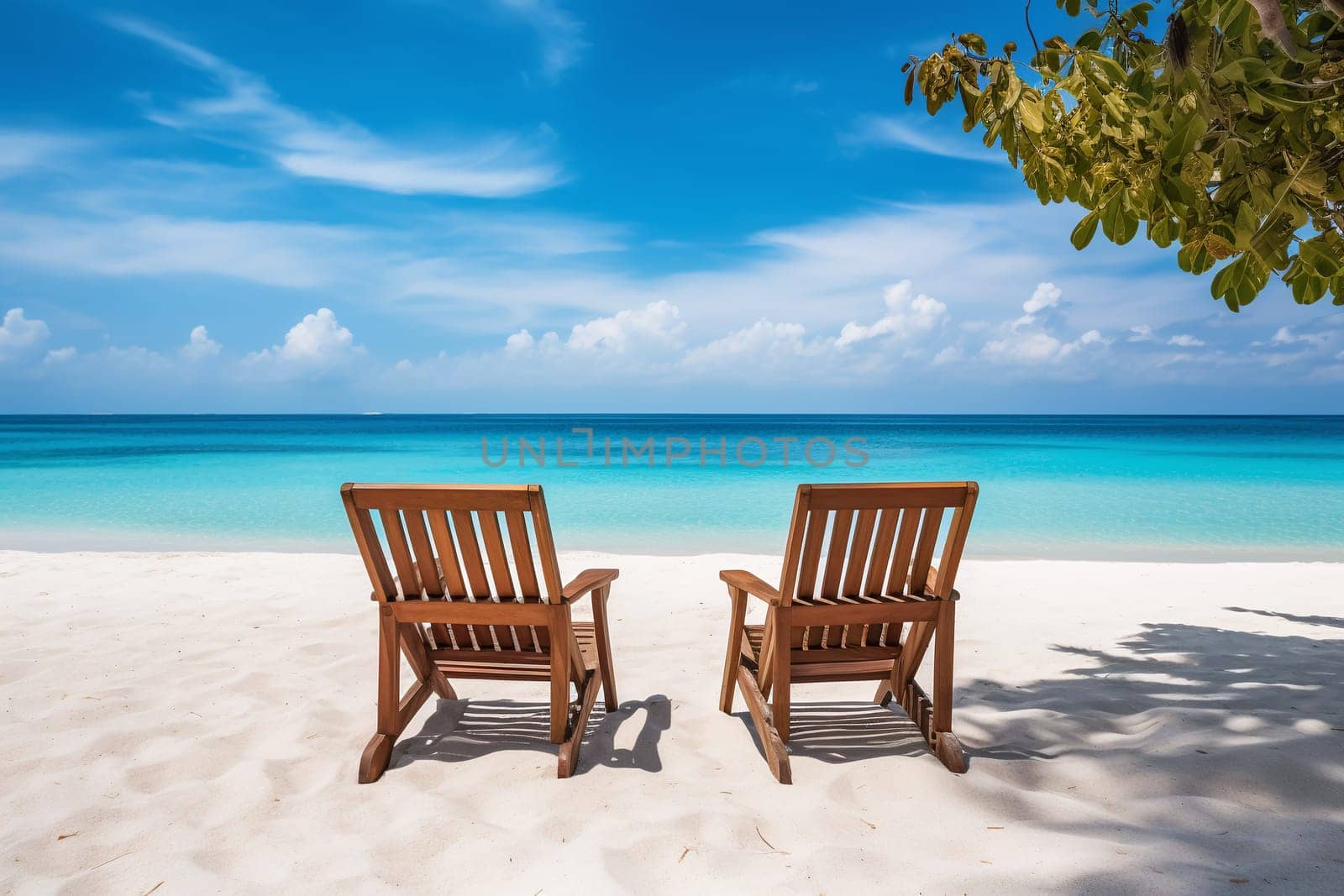 Two wooden chairs facing a calm turquoise sea on a bright sunny day, with white sand under clear blue skies - Generative AI