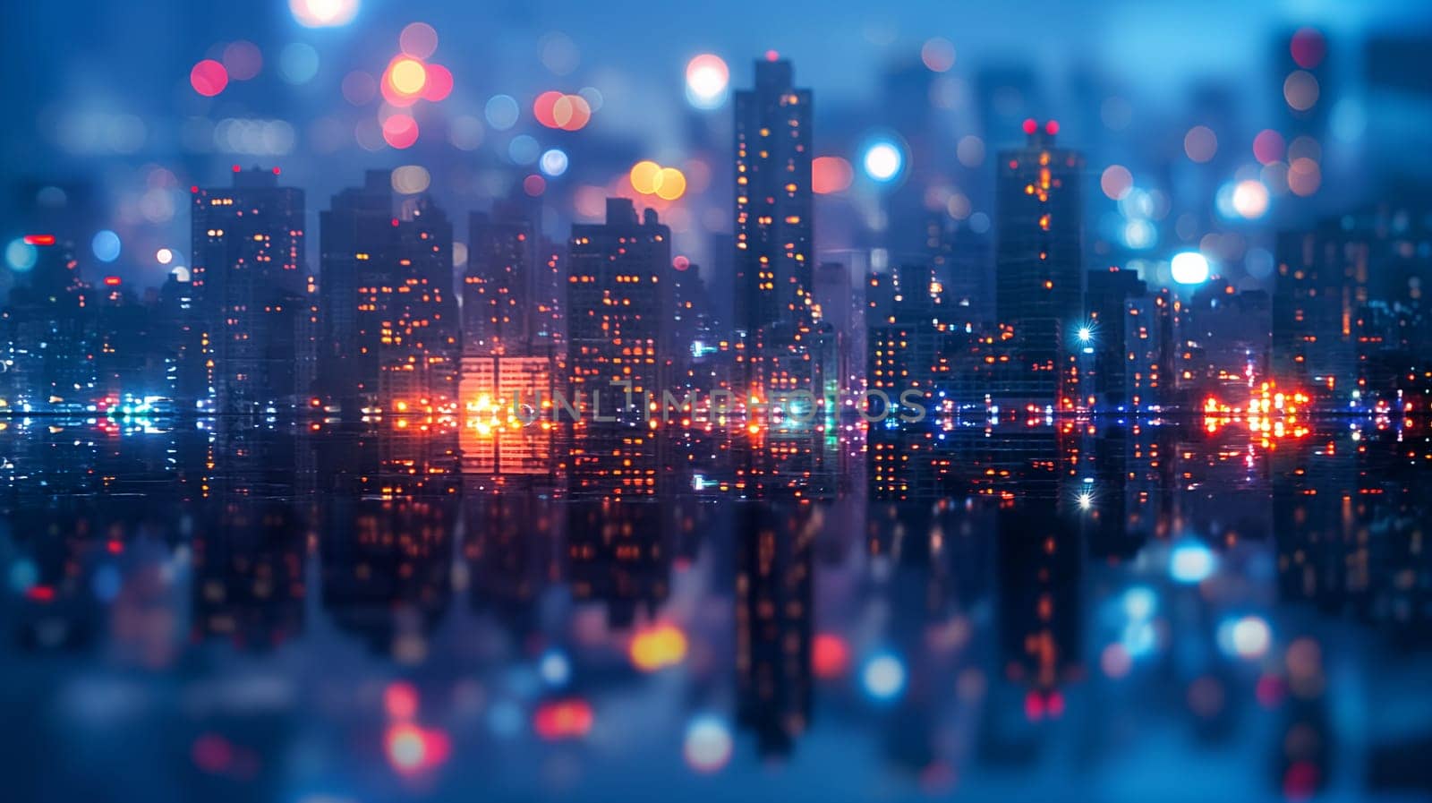 Twilight Cityscape With Blurred Lights and Reflections by chrisroll