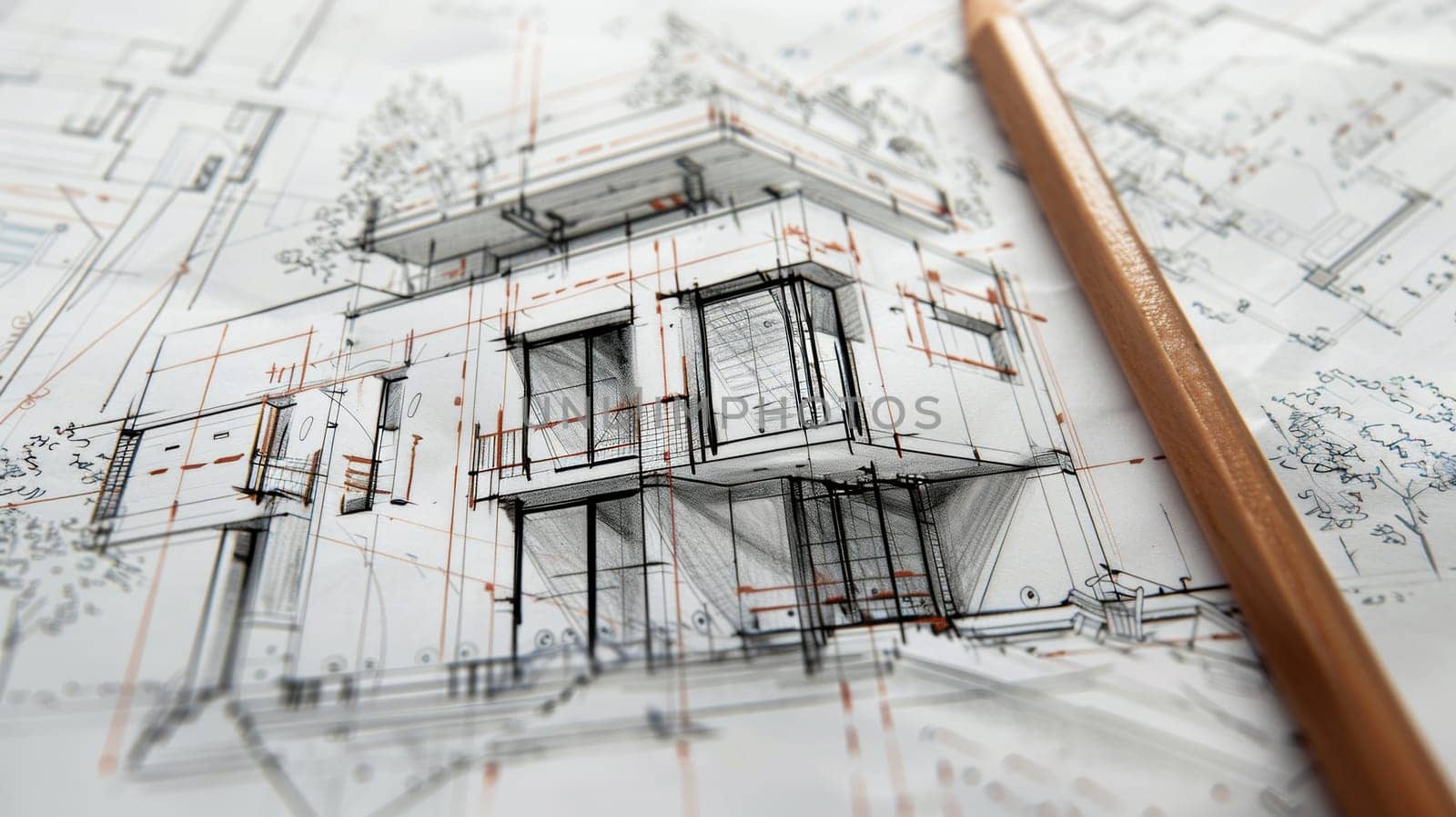 A detailed drawing of a house with a pencil delicately placed on top, showcasing design plans and renovation ideas for a creative project. Generative AI by AnatoliiFoto