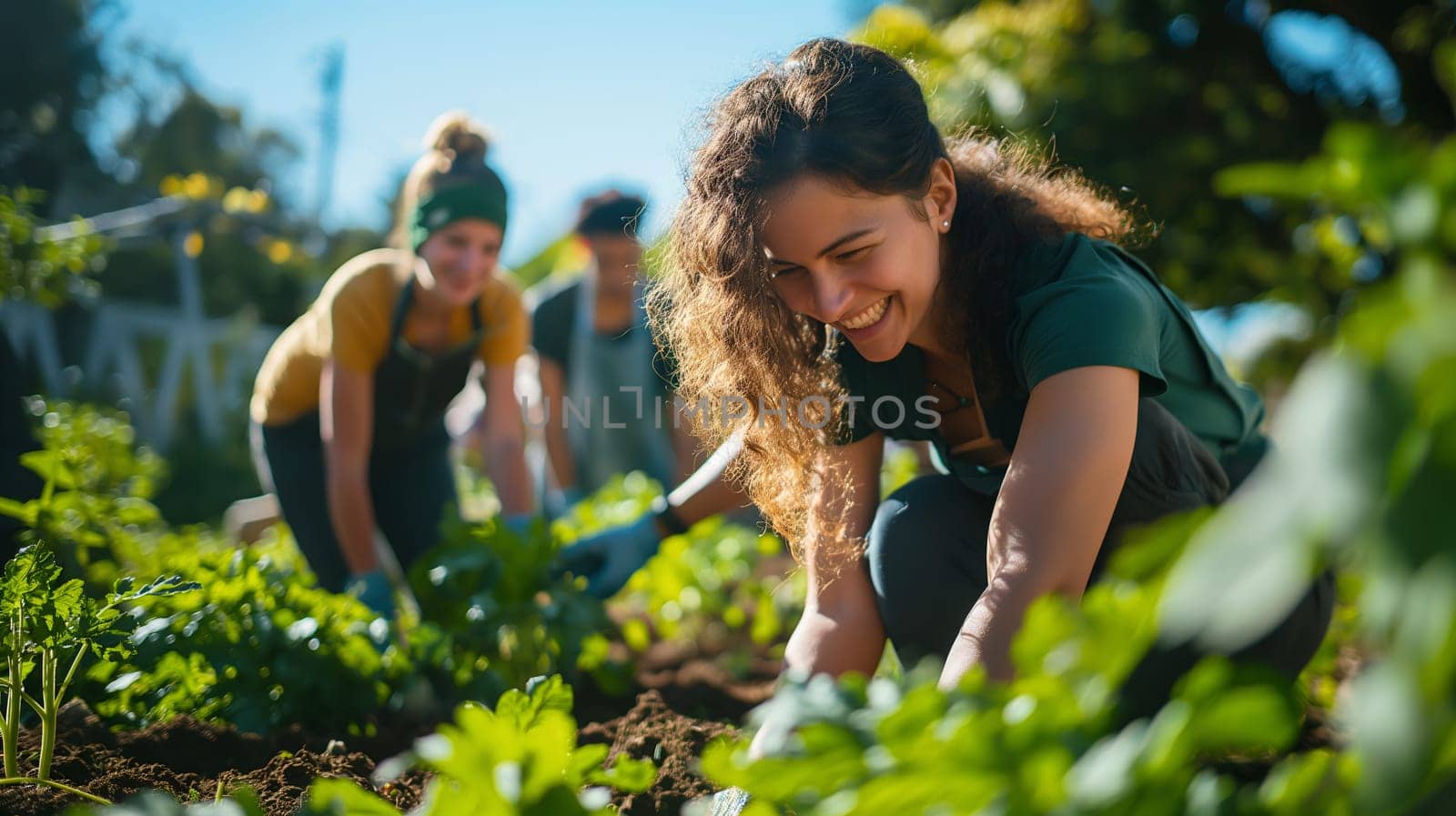 Community Garden Volunteers Tending Plants on a Sunny Day by chrisroll