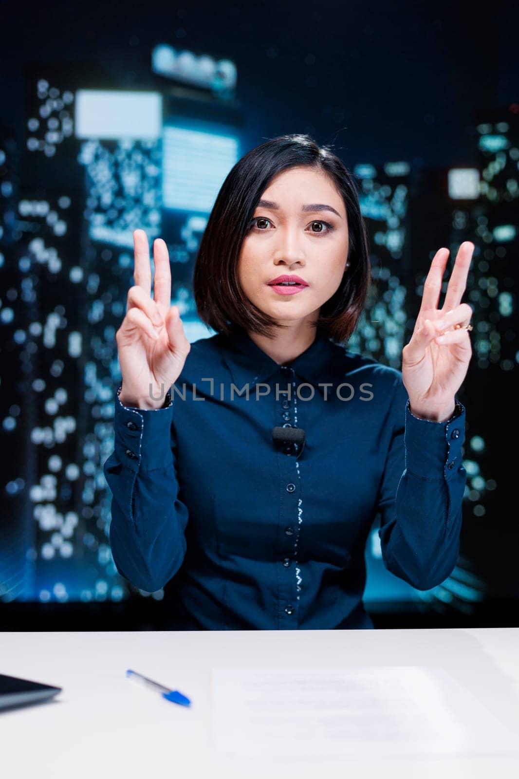 Asian reporter debating breaking news topics live on media network, reading headlines of the day to create exclusive content for midnight talk show. Woman presenter doing tv newscast.