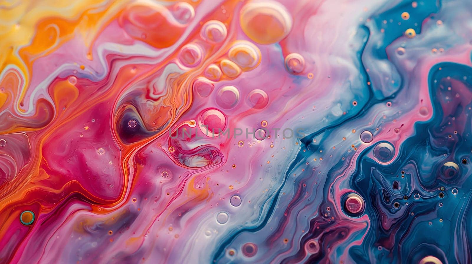 Detailed view showcasing intricate patterns and vibrant colors of a liquid painting - Generative AI