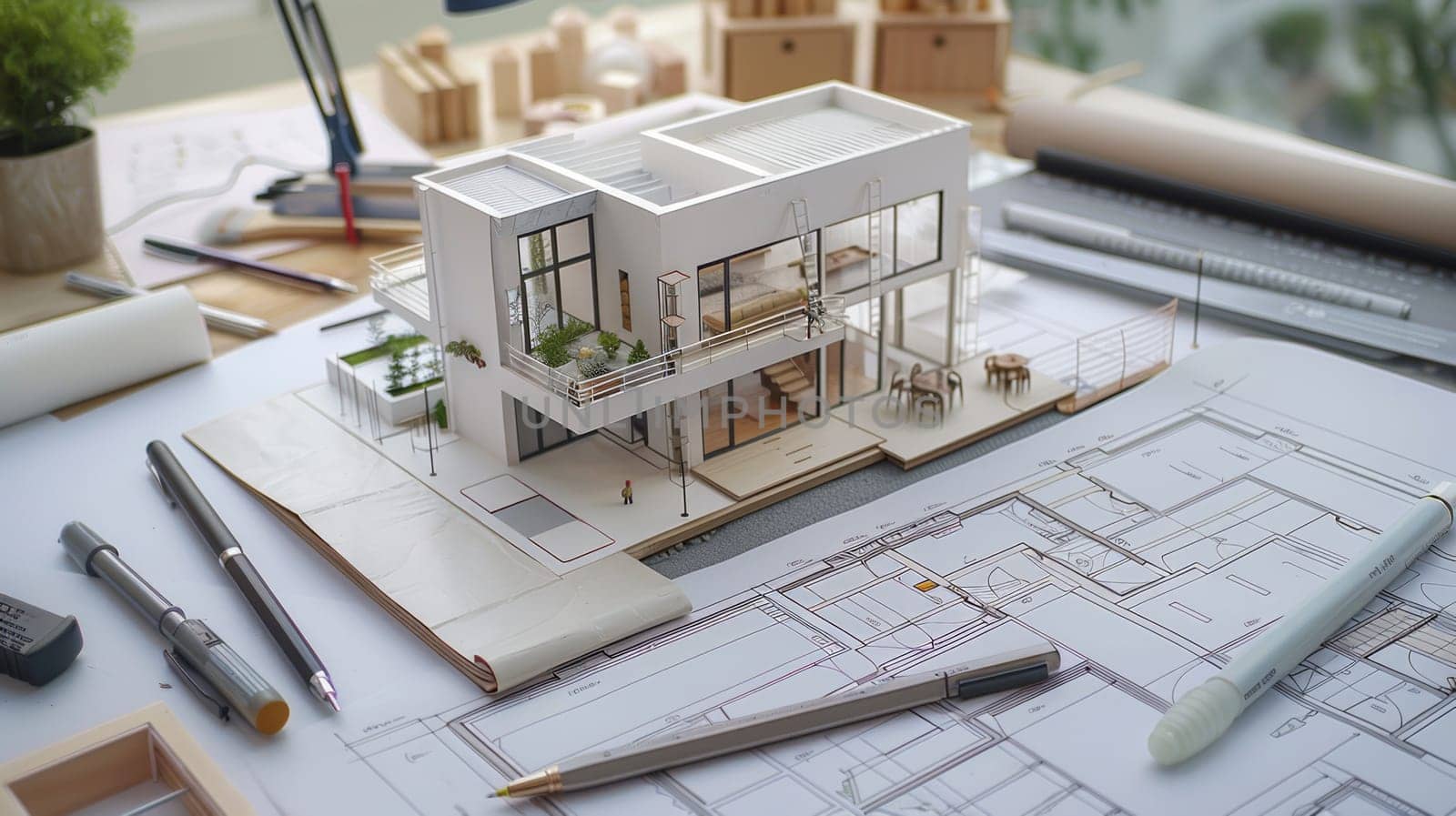 A miniature house perched atop a table, showcasing a creative project renovation sketch with plans and design ideas for an architectural bureau or construction company. Generative AI by AnatoliiFoto