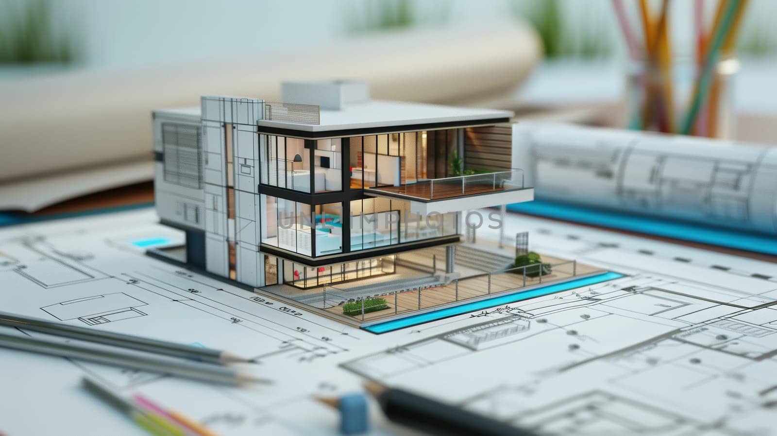 A detailed model of a house resting on a wooden table, showcasing intricate design plans and renovation sketches in the background. Generative AI by AnatoliiFoto