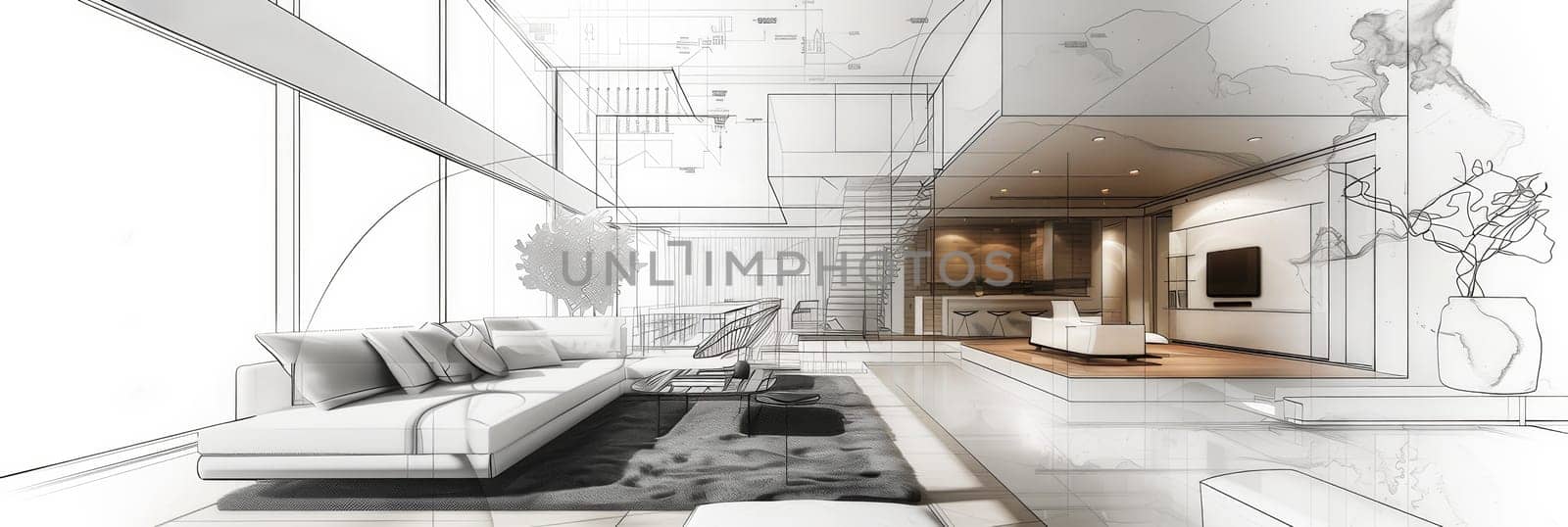 A serene living room drawing with sleek white furniture creating a fresh and inviting atmosphere. Generative AI by AnatoliiFoto