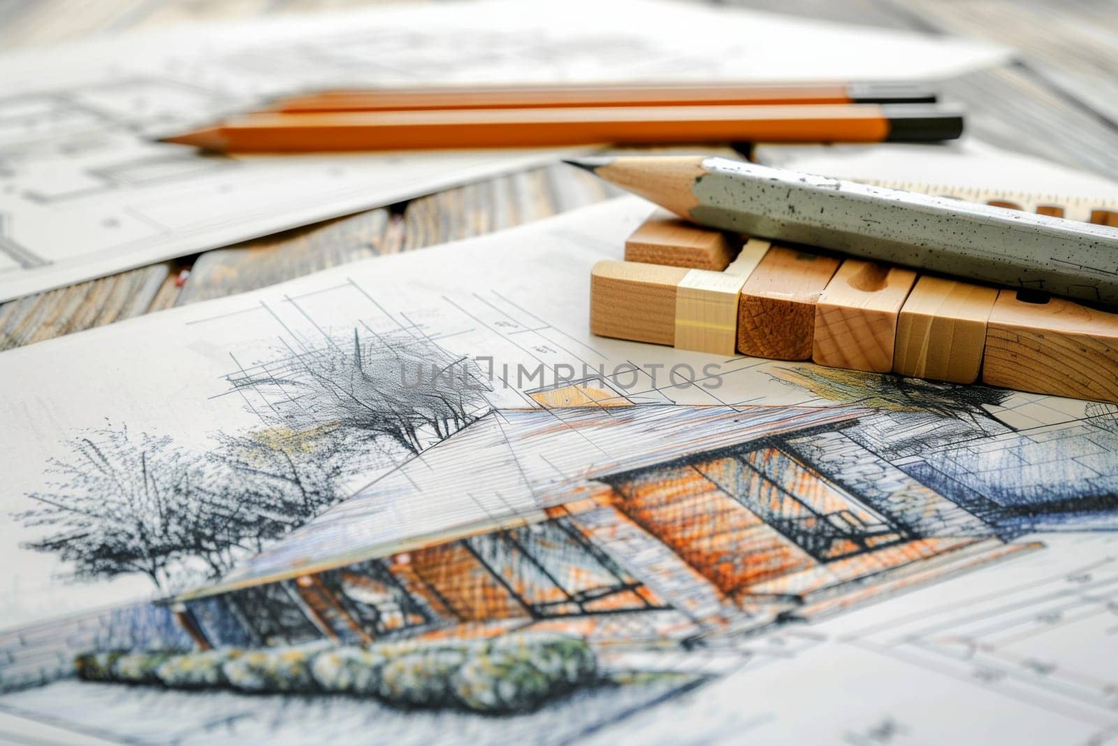 A pencil lies next to intricate drawings on a wooden table, showcasing artistic designs and creative ideas for a project renovation sketch. Generative AI by AnatoliiFoto