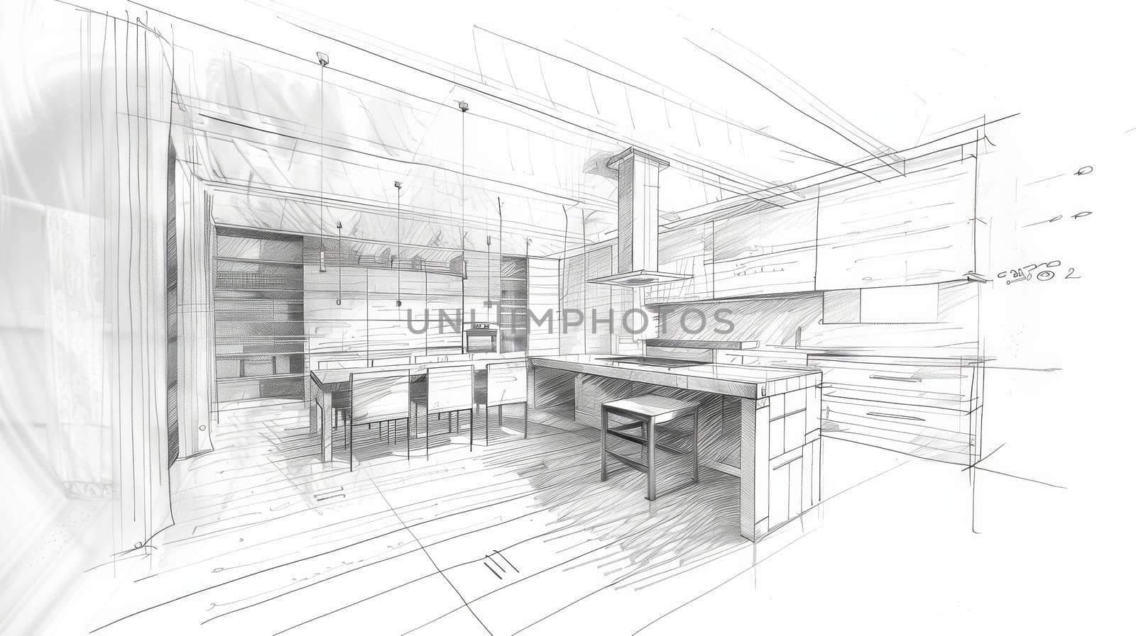 A vibrant, hand-drawn kitchen setting with a chic table and chairs, exuding warmth and comfort in its design. Generative AI by AnatoliiFoto