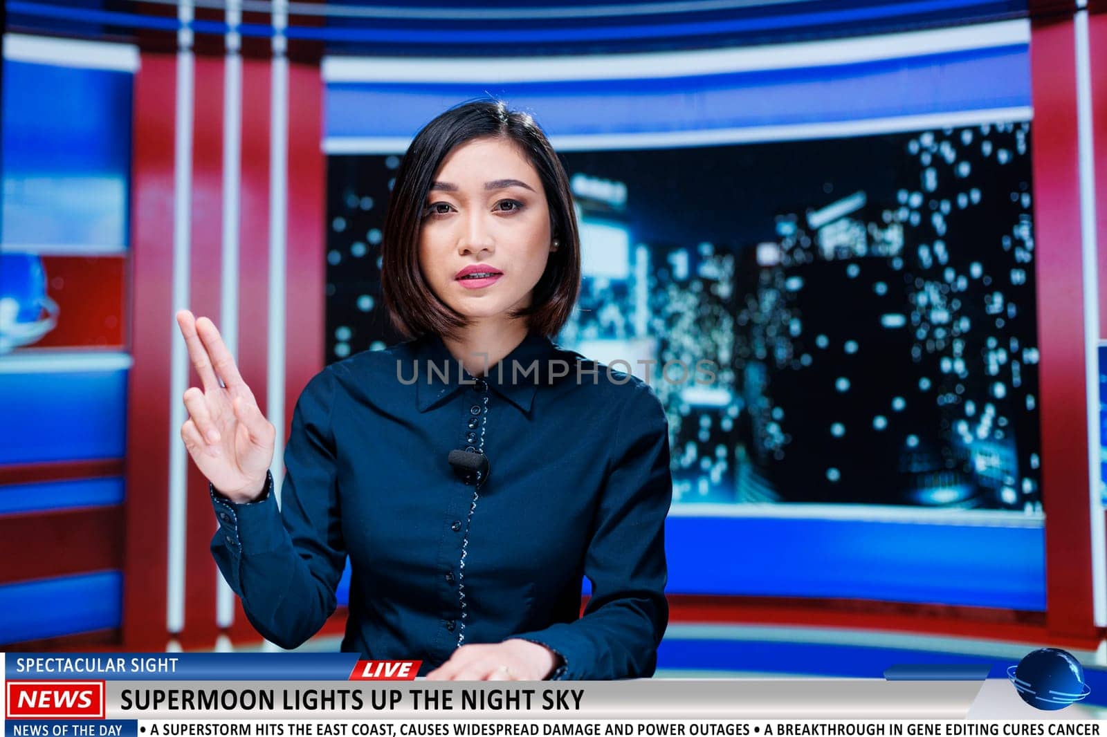 Correspondent addresses supermoon incident on talk show, delivering live commentary on sky illuminating massive moon. Asian tv host on global television channel reading headlines.
