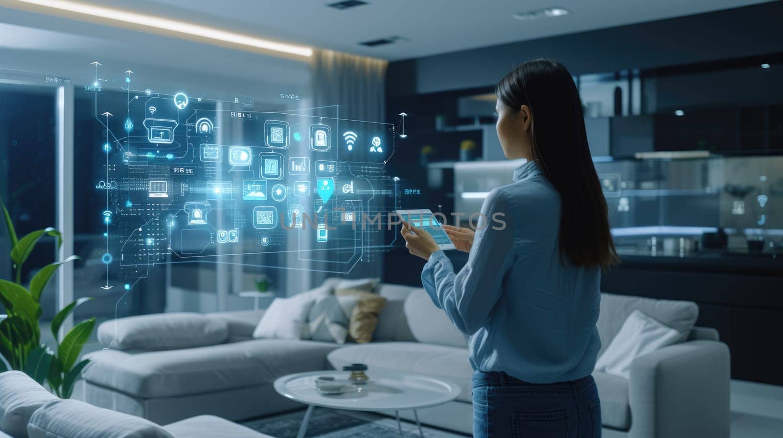 Hands hold a device with a smart home control interface, symbolizing the seamless connection between technology and home automation. AIG41