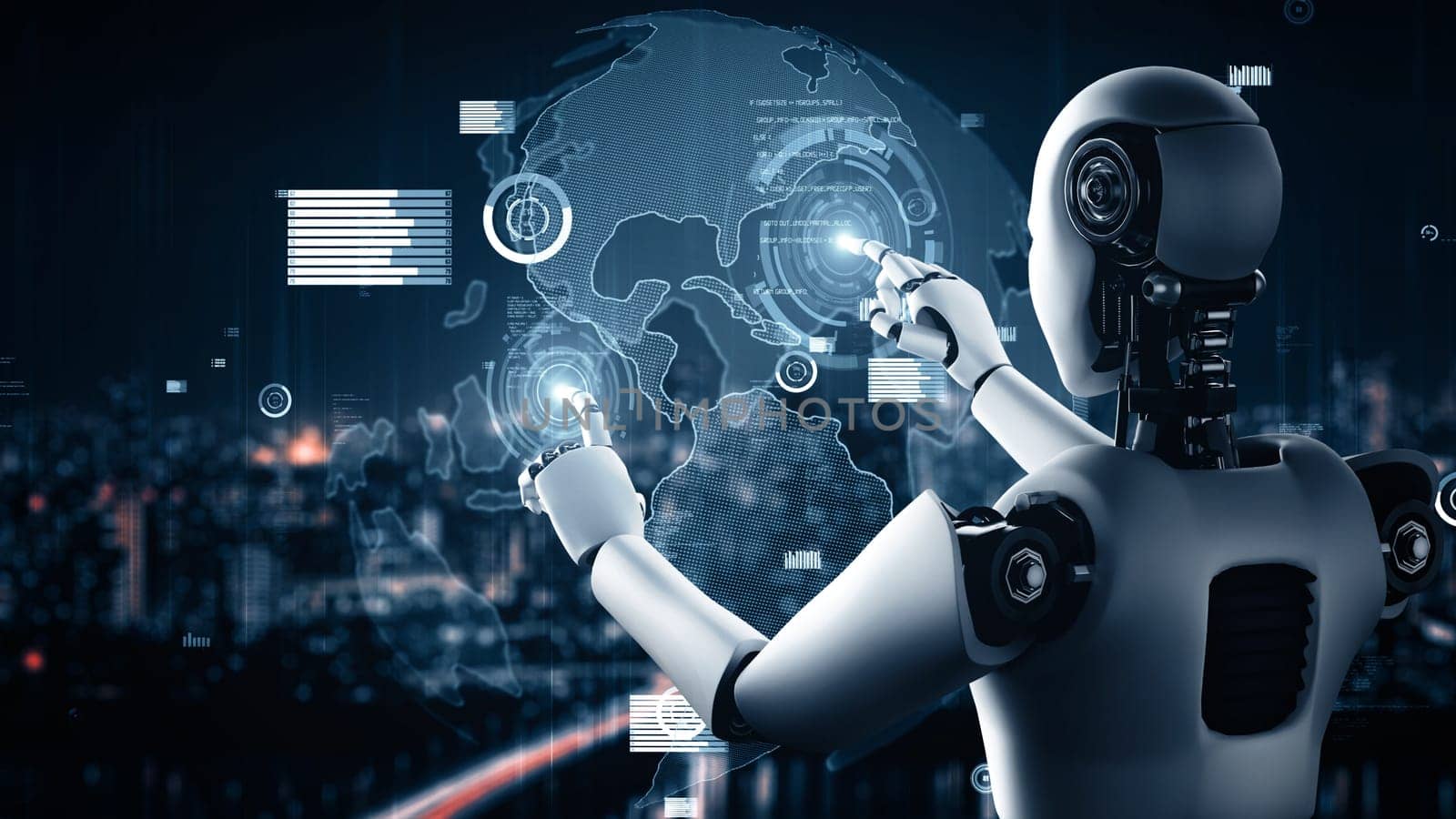 MLP 3d illustration Future financial technology controll by AI robot huminoid uses machine learning and artificial intelligence to analyze business data and give advice on investment and trading decision. 3D rendering.