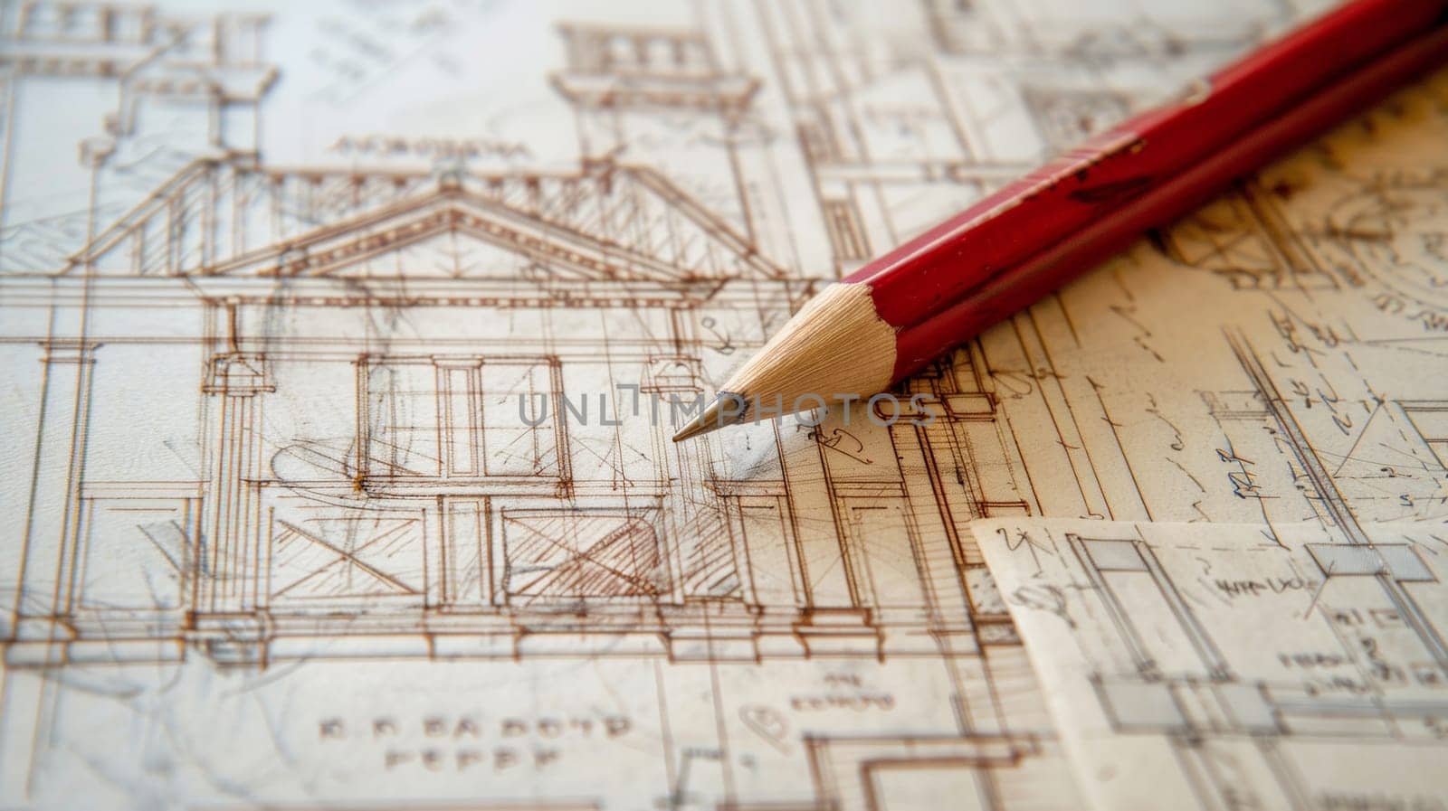 A pencil delicately rests atop a intricate drawing of a house with detailed architecture and design plans, showcasing a project renovation sketch filled with grand aspirations. Generative AI by AnatoliiFoto