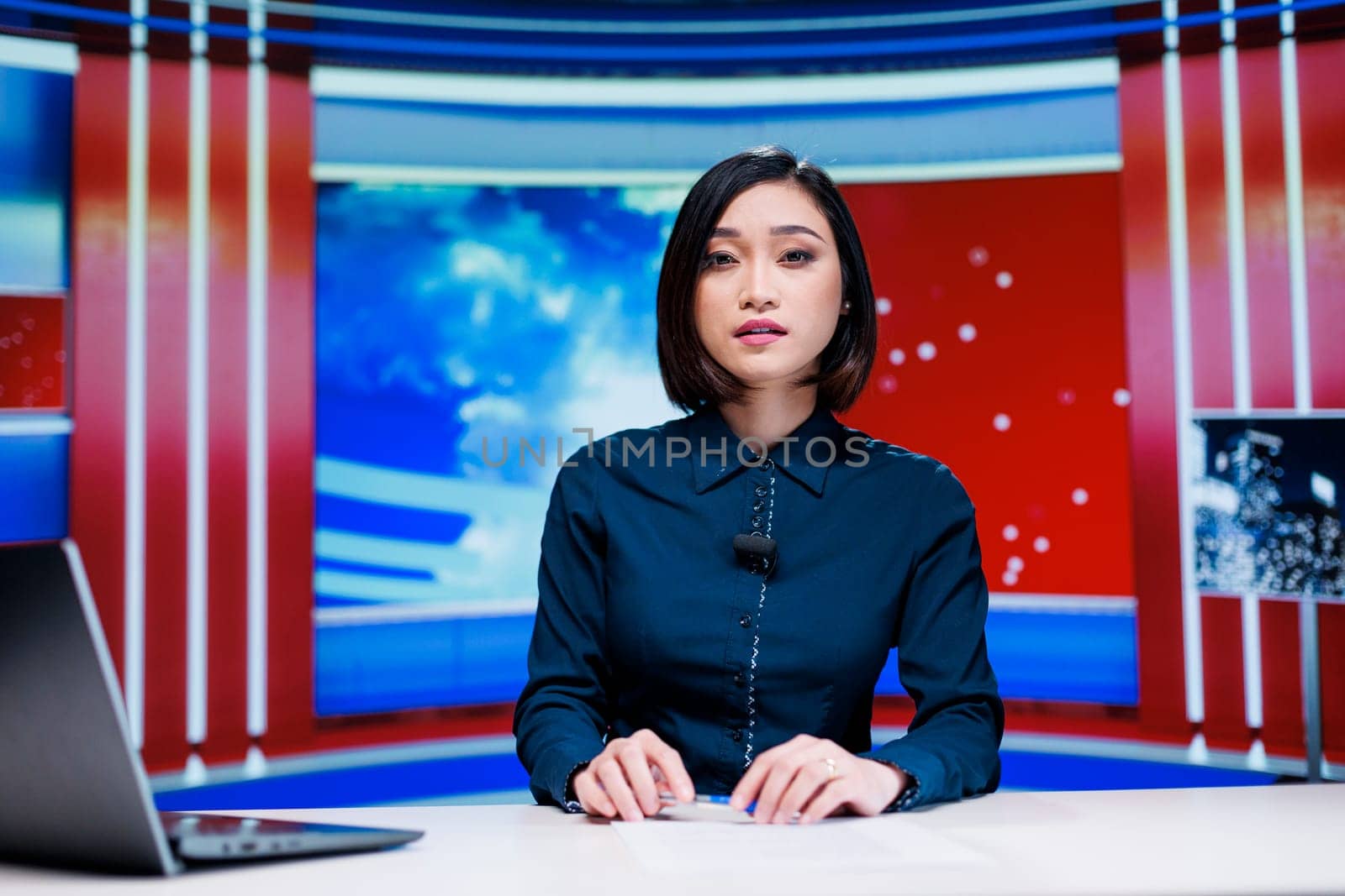News anchor talking about politics on live broadcast show, presenting daily events and entertainment reportage. Asian newscaster covering all important stories, television network.