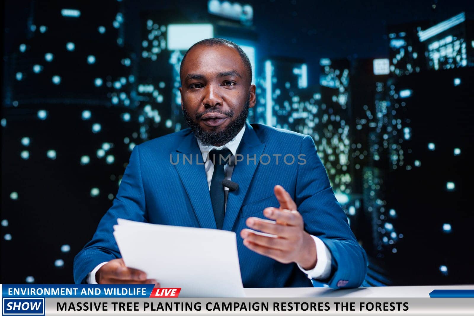 Journalist reveals environment program to plant trees and help preserve forests, breaking news on night show. Presenter talking about saving the planet and protecting natural regions, world events.
