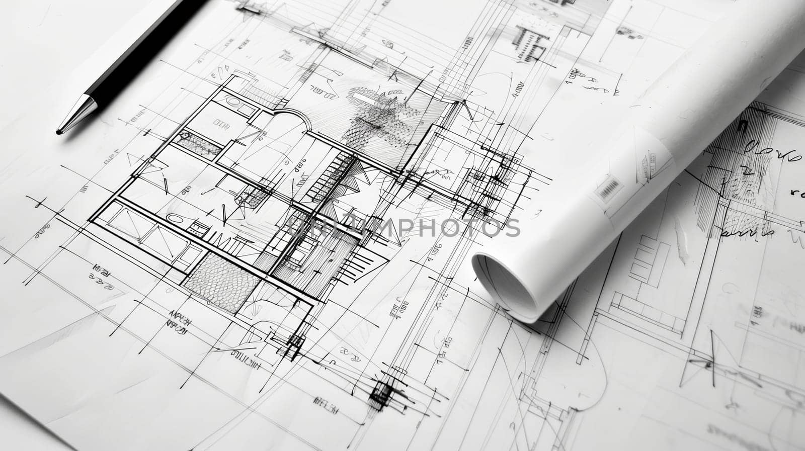 Detailed drawing of a house standing on top of intricate blueprints representing a project renovation sketch with plans and design ideas. Generative AI by AnatoliiFoto