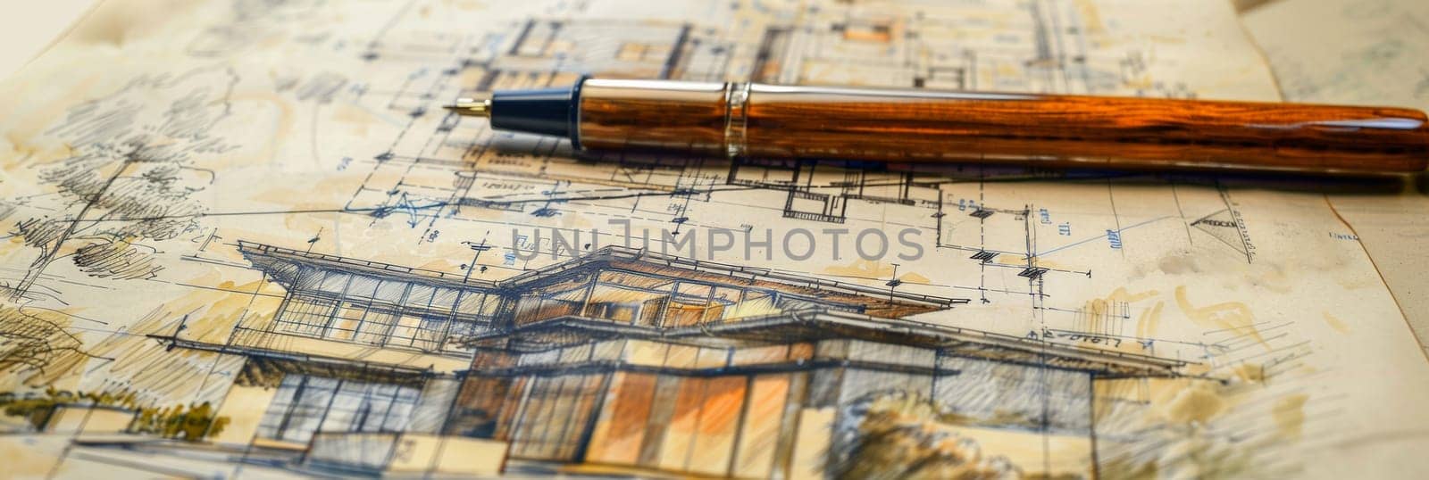 A pen delicately rests on top of a detailed drawing of a house, showcasing the process of designing and planning a project renovation. Generative AI by AnatoliiFoto