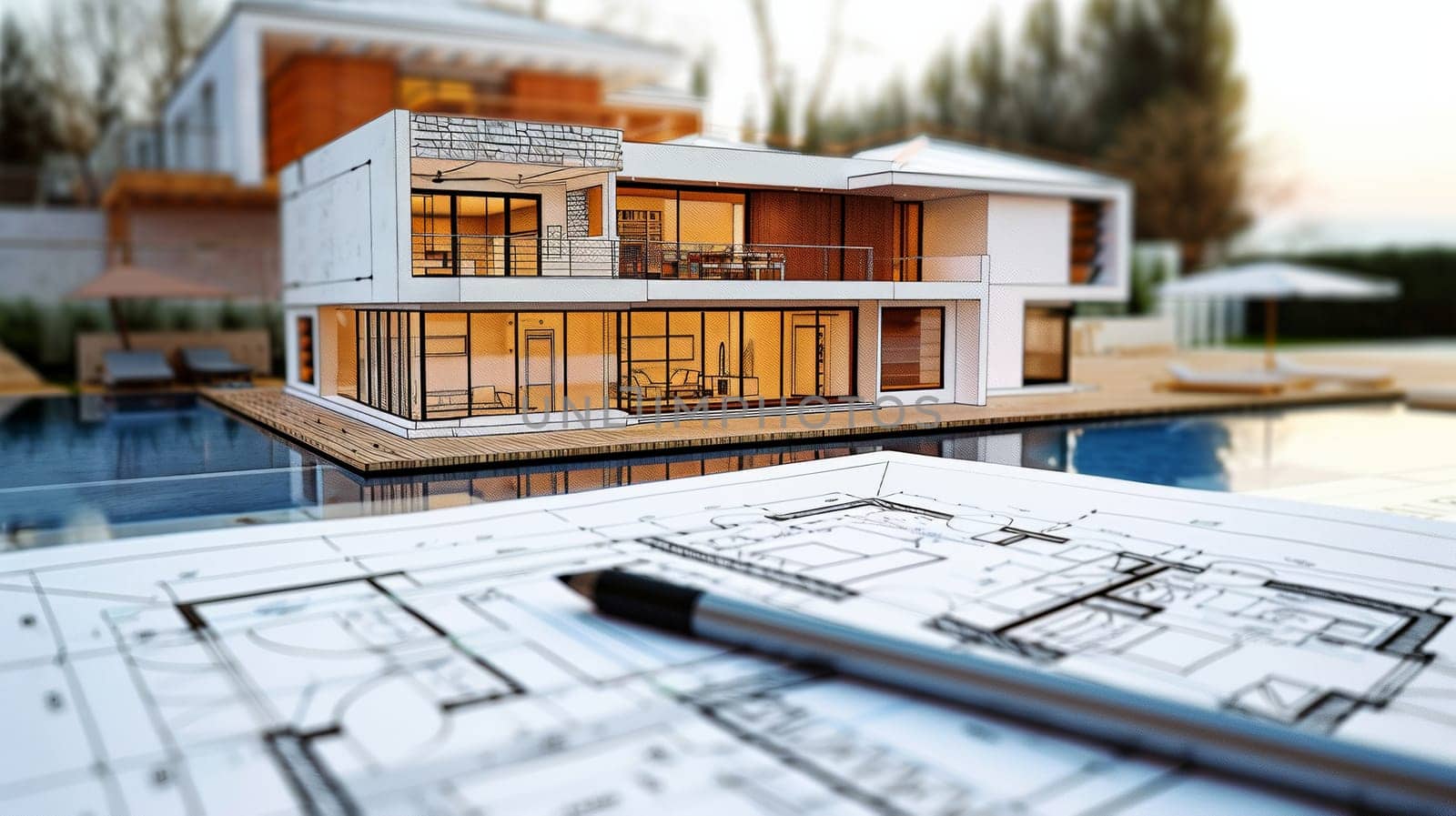 A small model of a house perched on a blueprint, showcasing the design and planning process of a future dream home project. Generative AI by AnatoliiFoto