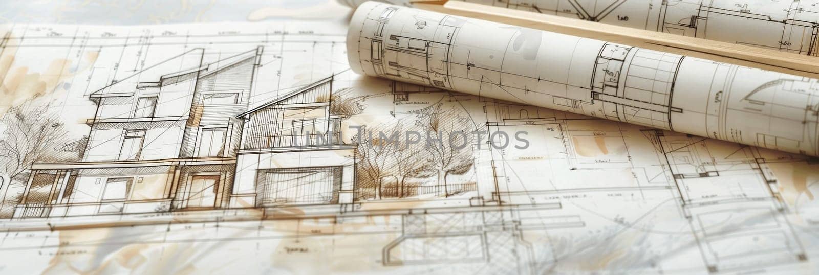 A detailed pencil drawing of a cozy home on a sheet of paper. The house features classic architectural elements and intricate design.