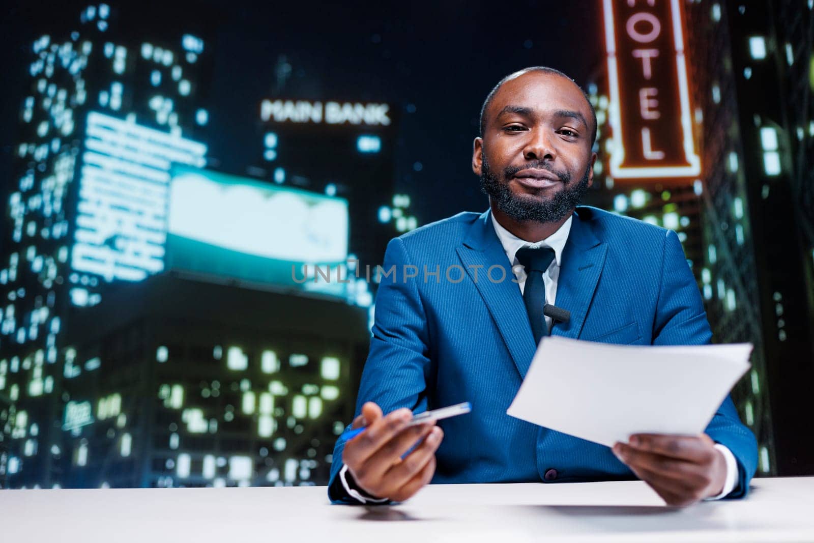 African american host presenting news during late night show entertainment segment, reading international headlines of the day. Man journalist addressing breaking news topics of latest events.