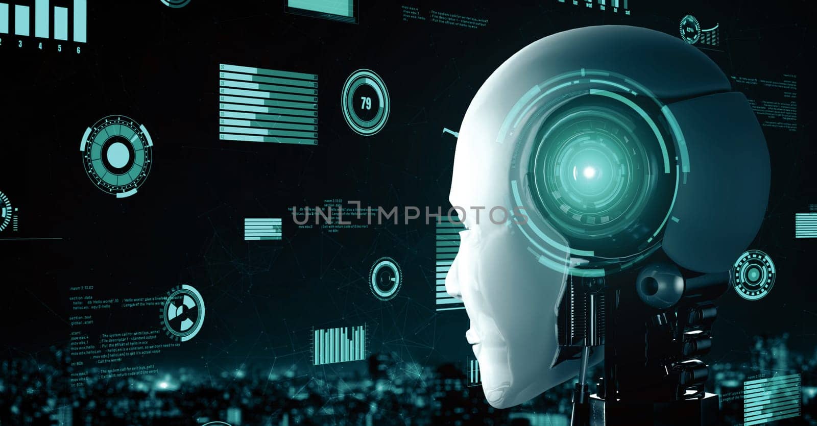 MLP 3d illustration Futuristic robot artificial intelligence huminoid AI for industrial factory technology development and machine learning concept. robotic bionic science research for future of human life. 3D rendering.