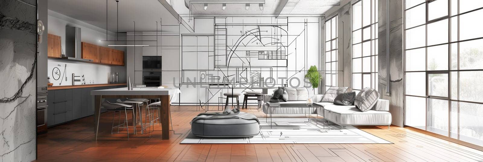 A vibrant illustration showcasing a harmonious blend of a cozy living room and a modern kitchen design, with elegant furniture and sleek appliances. Generative AI by AnatoliiFoto