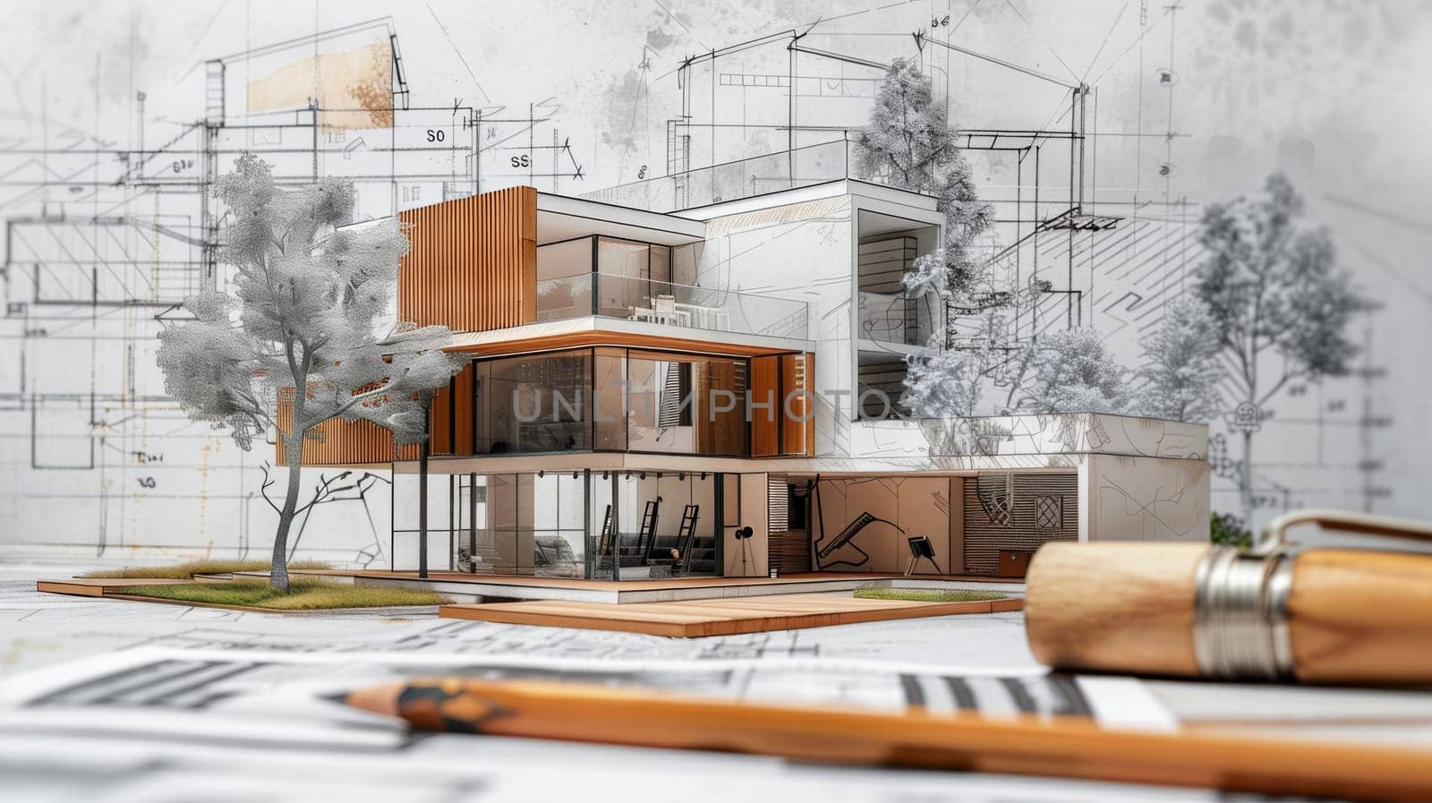 A fantastical drawing of a house playfully balanced on top of a table, surrounded by a project renovation sketch with plans and design ideas in the background. Generative AI by AnatoliiFoto