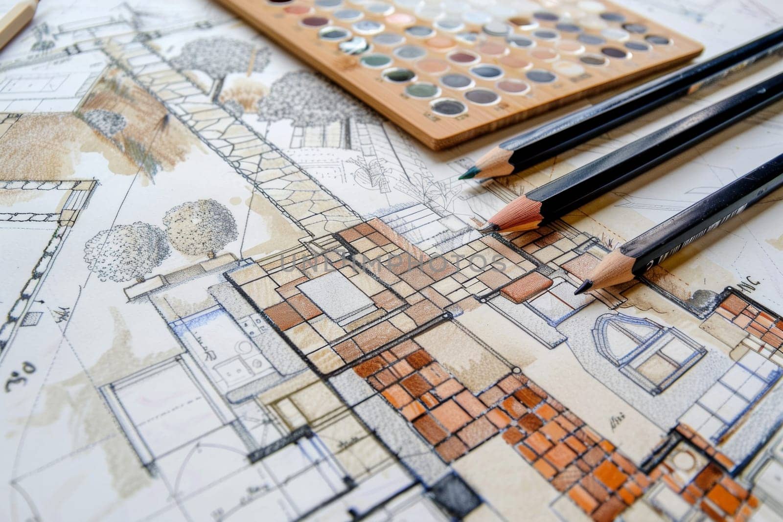 A table covered in various drawings and scattered pencils, showcasing creativity and planning for a project renovation sketch with plans and design ideas. Generative AI by AnatoliiFoto